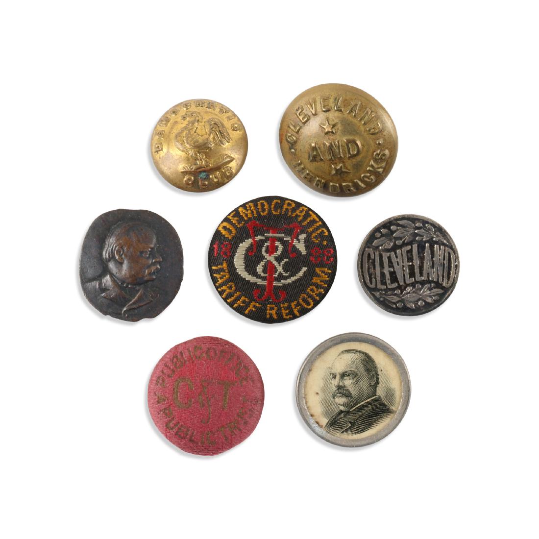 1880s Political Lapel Studs, Uniform Buttons: Seven (7). American. 1880s. "Public Office a Public Trust" Grover Cleveland & Allen G. Thurman, 1888 Democratic Tariff Reform, Grover Cleveland & Thomas A. Hendricks (1884). The Horace Weed Collection
