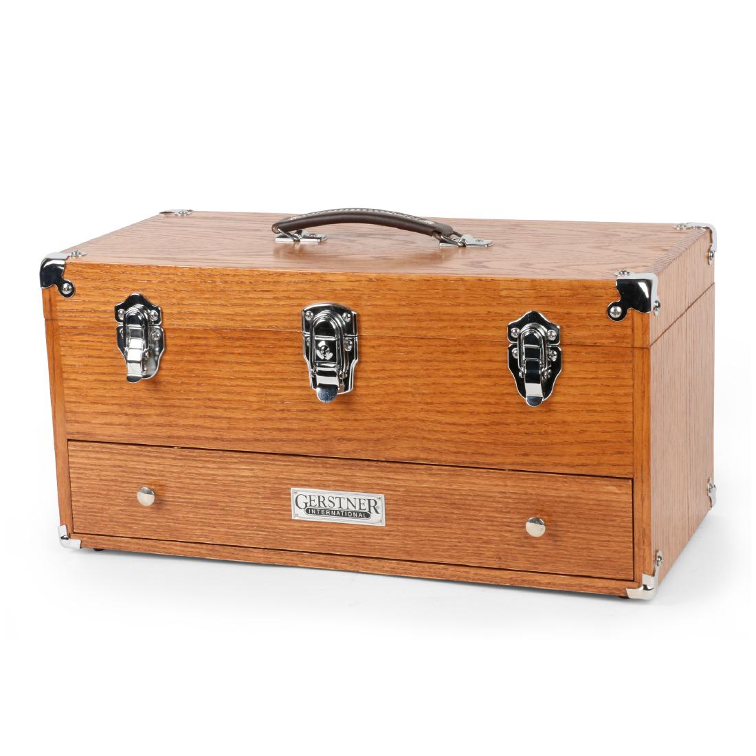 Gerstner Oak Tool Chest: American. Ohio. Contemporary. Gerstner & Sons. Tagged, "Gerstner International". 9.25" x 19" x 9.5". 100-200.