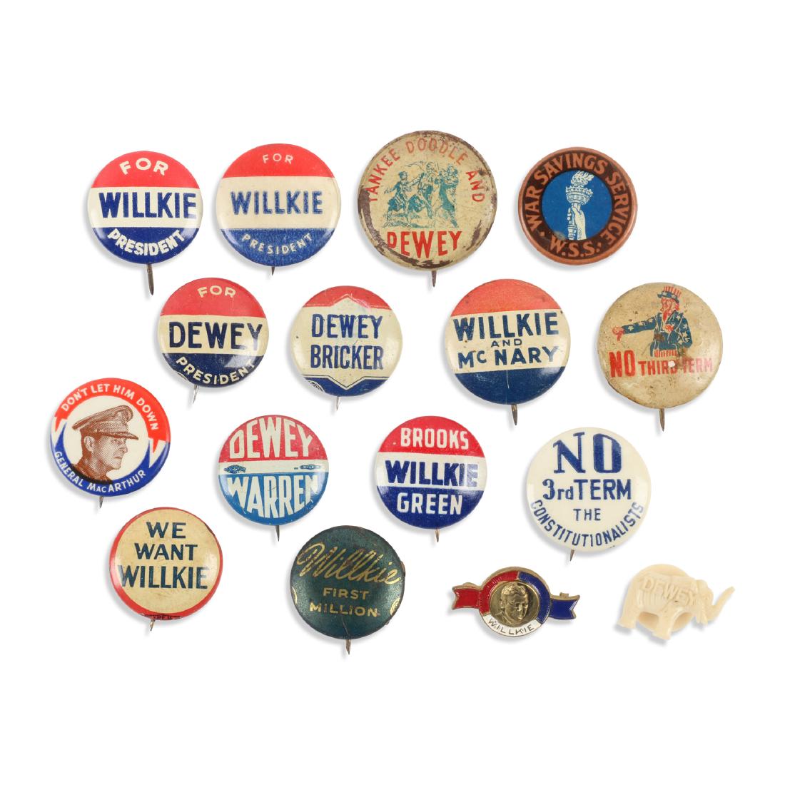 1940s Political Pinbacks, Lapel Stud: Fifteen (15). American. 1940-1948. General MacArthur, Wendell L. Willkie & Charles L. McNary (1940) x 4, Thomas E. Dewey & John W. Bricker (1944) x 2, Thomas E. Dewey & Earl Warren (1948). The Horace 