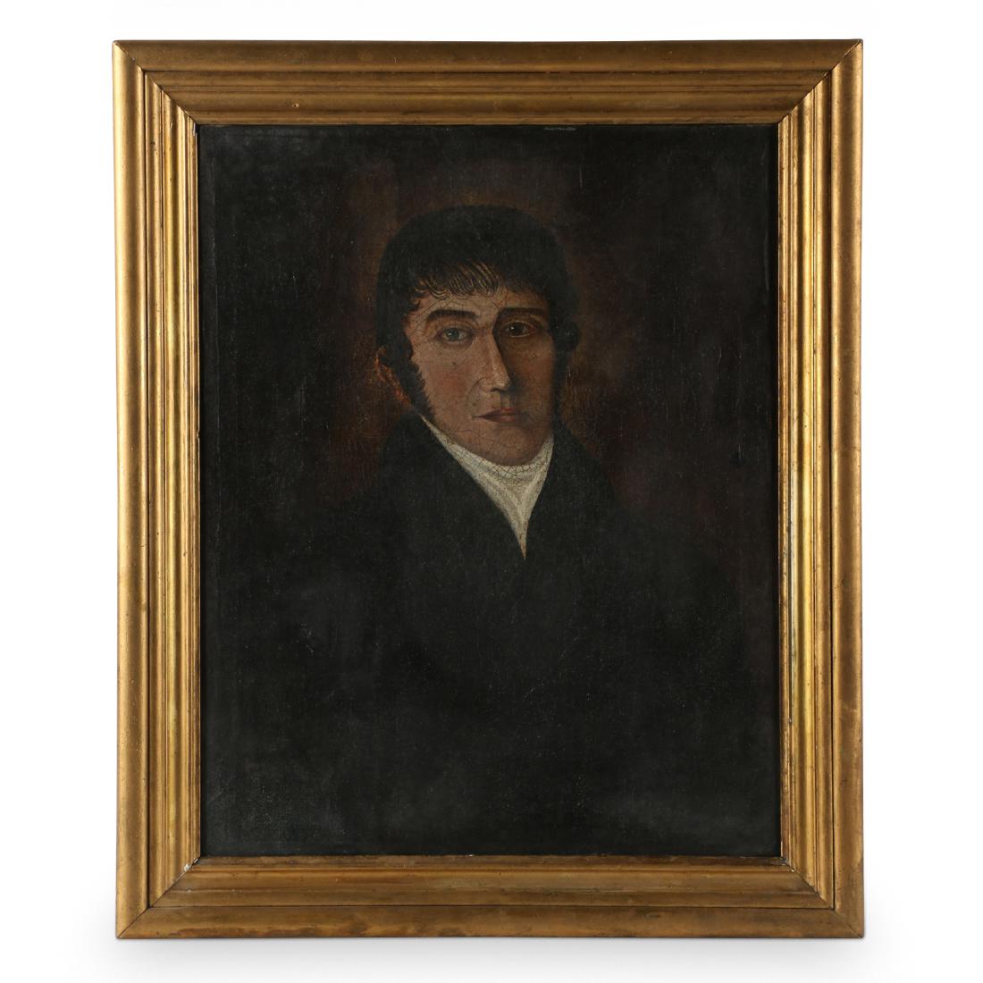 Stocum Family Oil Portrait: Stocums were prominent 19th Century book-binders from Kingston Ontario. 1860s. 27.25" x 22.75" x 1.5". One 5â€ diagonal tear with restoration to lower left corner. A 2.5â€ straight tear with res