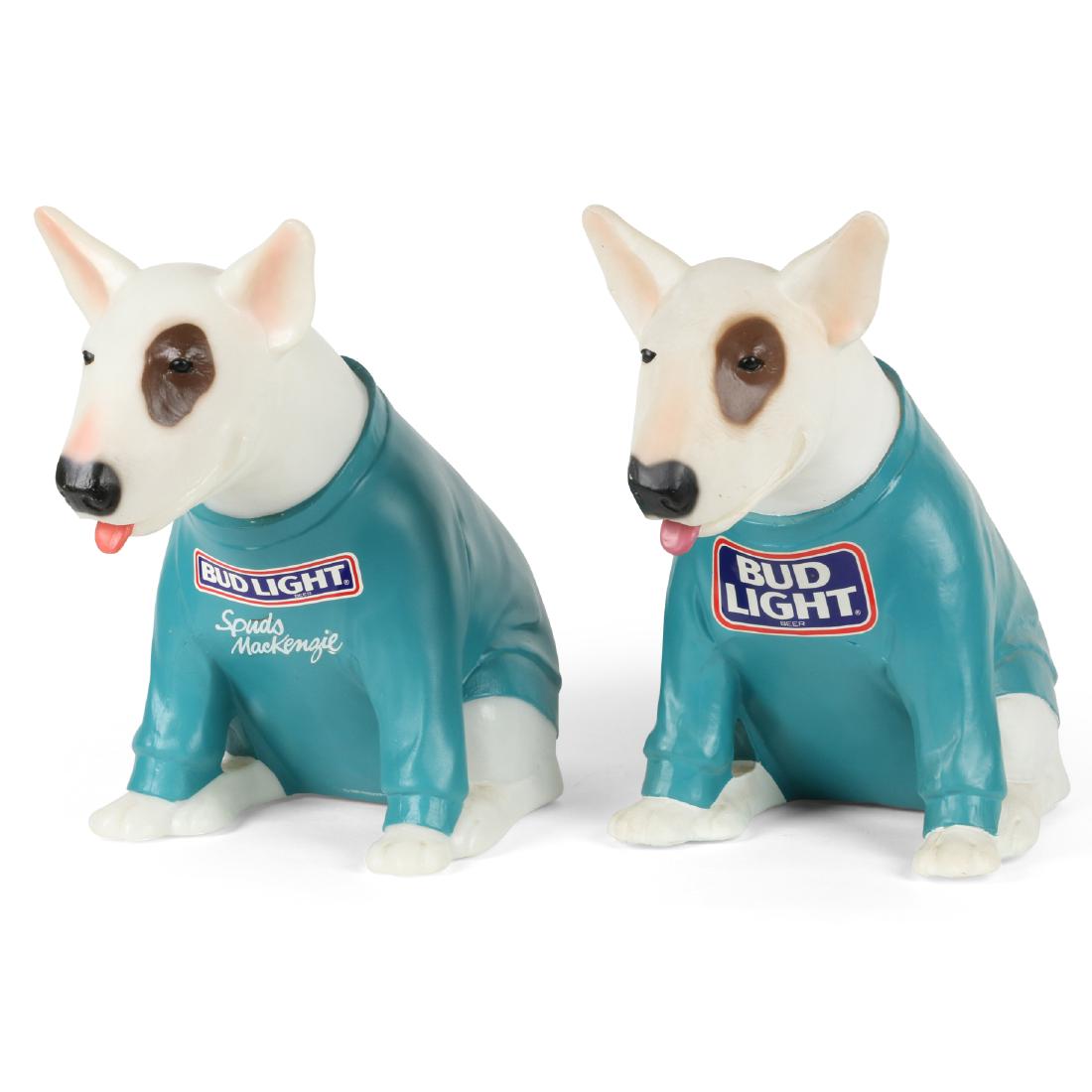 Bud Light "Spuds Mackenzie" Lamp & Statuette: Date stamped underneath, "Oct 27 1988". 15.5" x 17" x 5.5". Functioning. No cracks. Est. $200-300