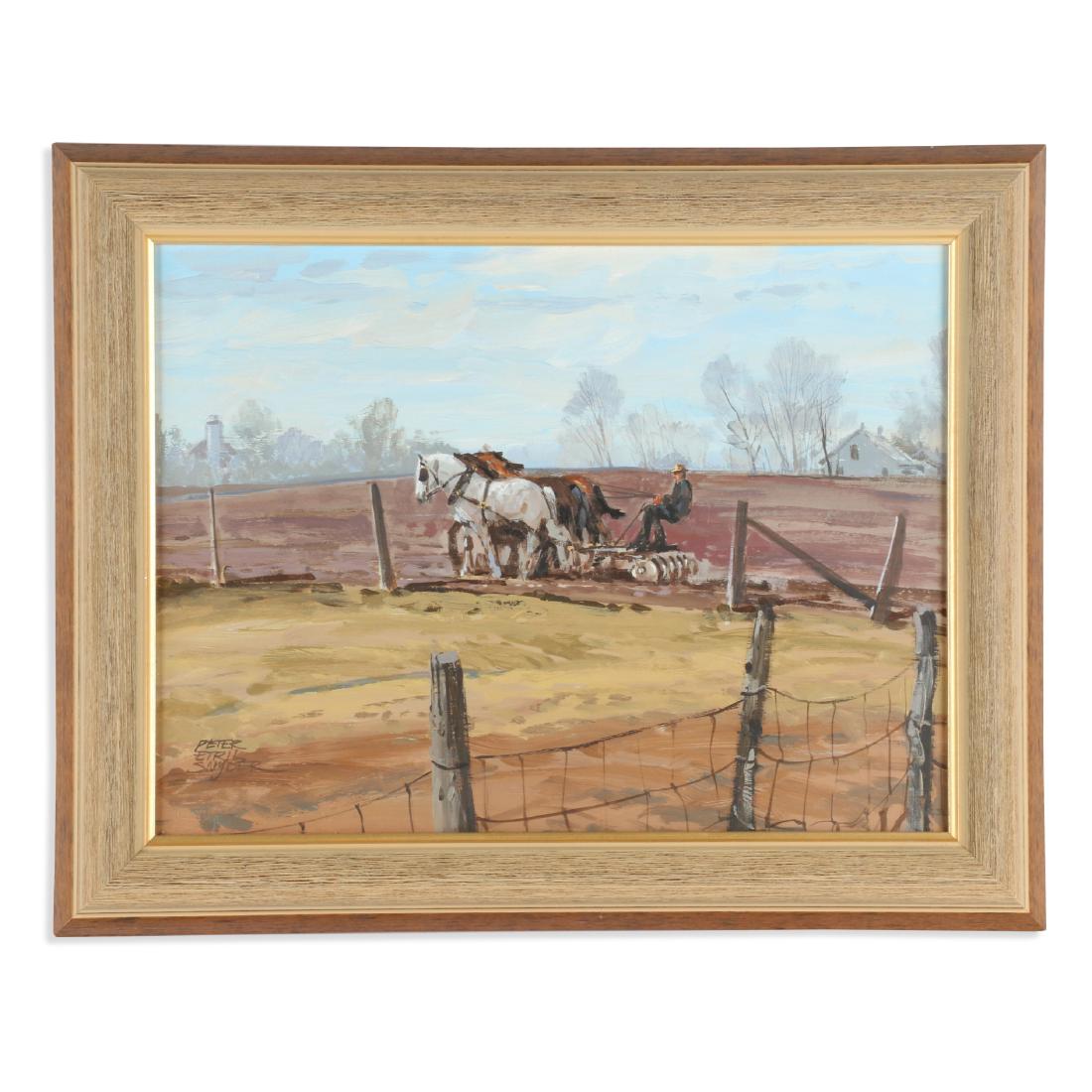 Snyder, Peter Etril (1944-2017) Oil-on-Board: Signed lower left. Features a classic mennonite tilling scene. Sight 15.5" x 11.5. Vivid colour. No stains, retained in original frame. Est. $800-1200
