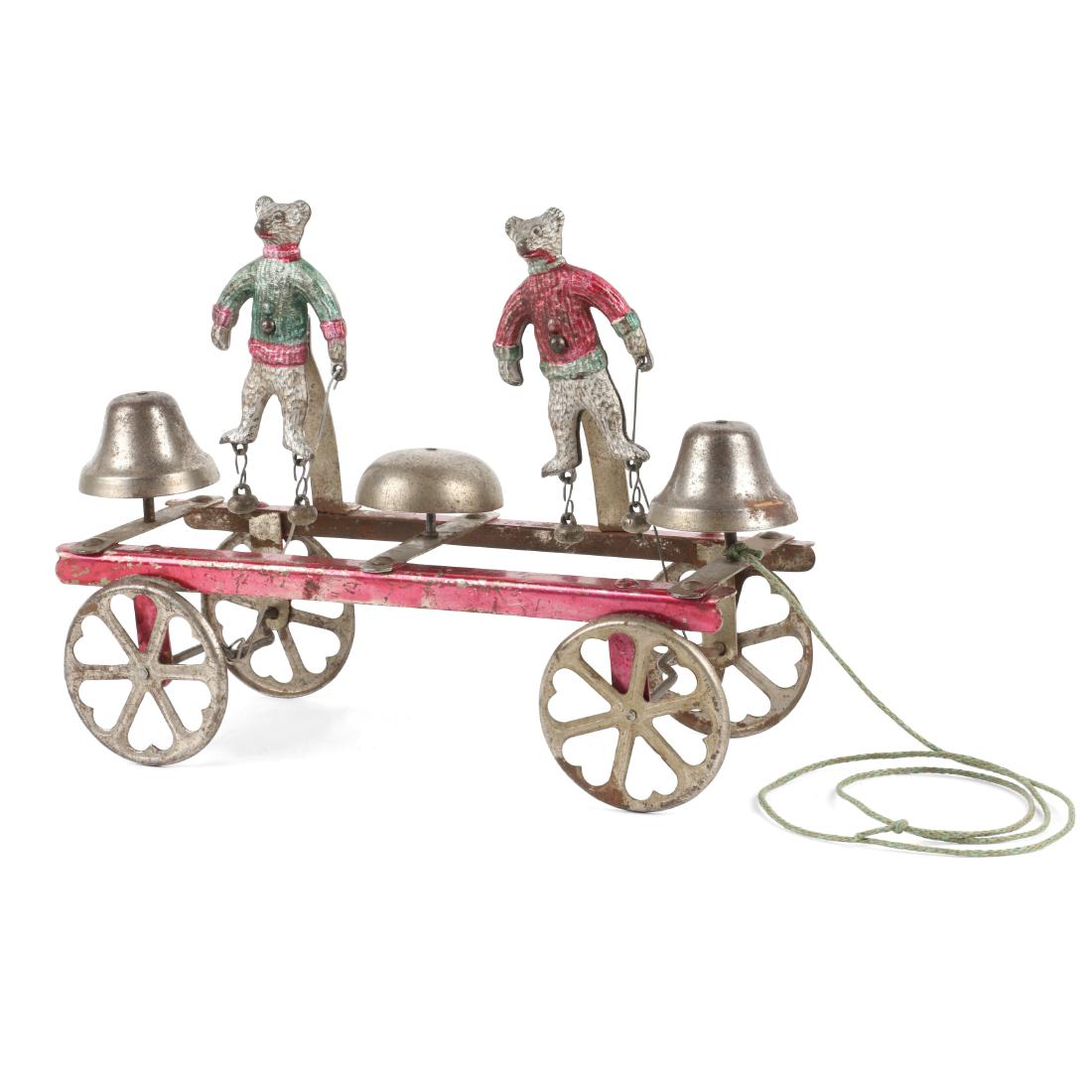 Unusual German Pull-Along Toy: German. 1920s. Includes painted cast iron and painted steel components. 10" x 7" x 3.5". Complete and functioning. Est. $200-300.