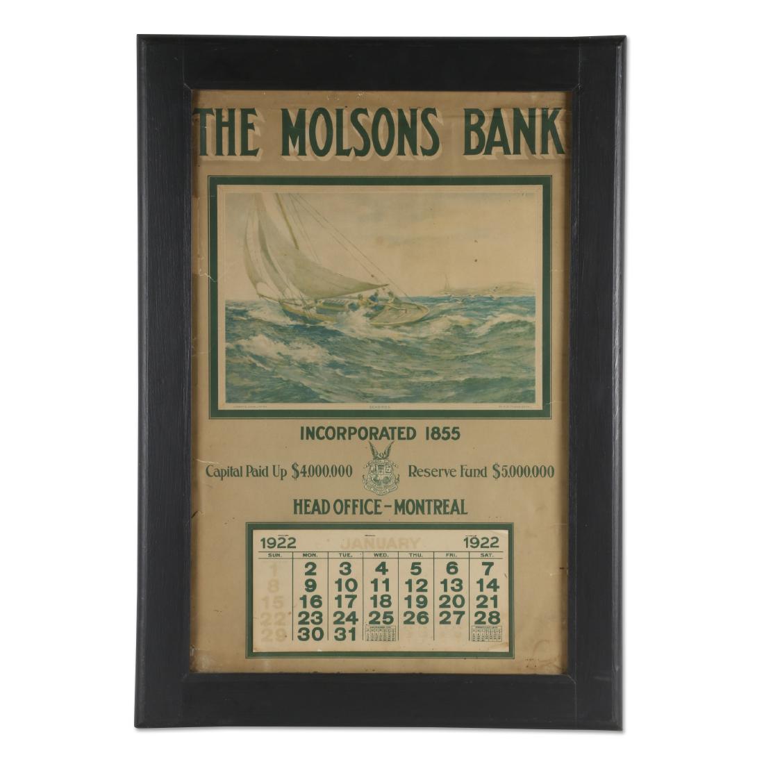 1922 Molson's Bank Calendar: Canadian. 1922. The Molsons Bank was one of Canada's earliest banks, founded in 1850 by sons of the famous brewer John Molson. Calendar features art by W. St. Thomas Smith entitled, "Seabirds". Framed
