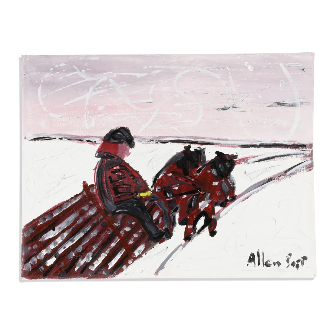 Sapp, Allen (1928-2015) Acrylic-On-Canvas: Canadian. Depicts a winter logging scene with horse-drawn sleigh and rider. Acrylic on Canvas. Allen Sapp, 1929-1915. Signed lower right, Allen Sapp. Signed on reverse, Allen Sapp. Entitled on reverse