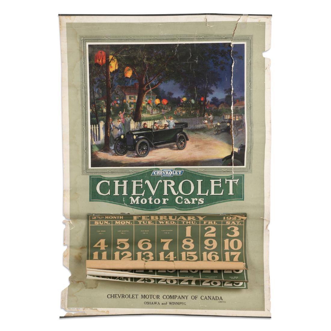 1923 Canadian Chevrolet Calendar: A rare and early Canadian produced calendar. Custom artwork featuring the product. Marked lower left corner, "The Reid Press Limited, Hamilton." 29.5" x 20". Required restoration and linen backing. St