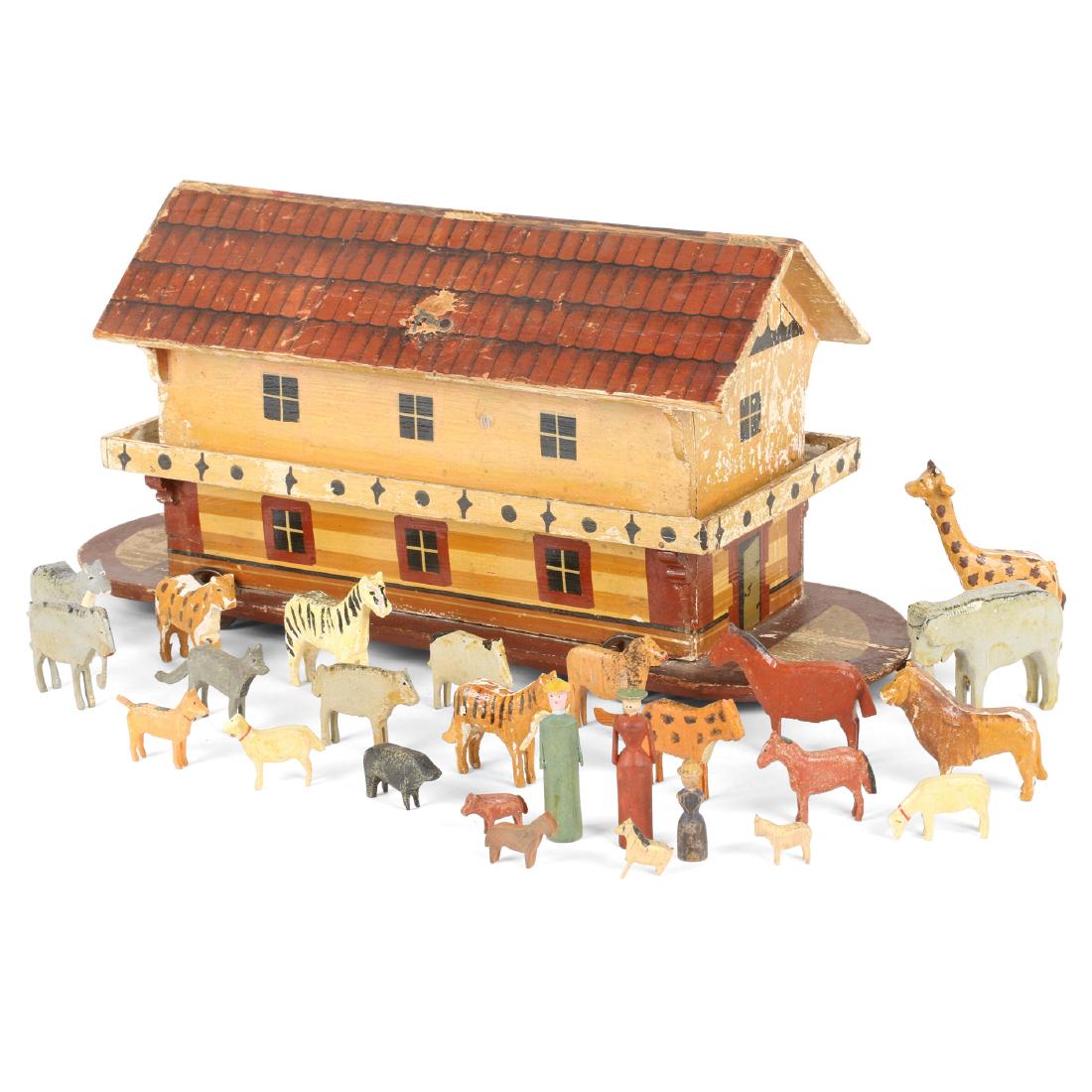 German Noah's Ark: German. 1900. Hand-carved painted figures. 16" x 7.5" x 5.25". Loss to original painted surface in areas. Original paper lithograph roof with some loss. Top has some cloth separation. Animals inside. 
