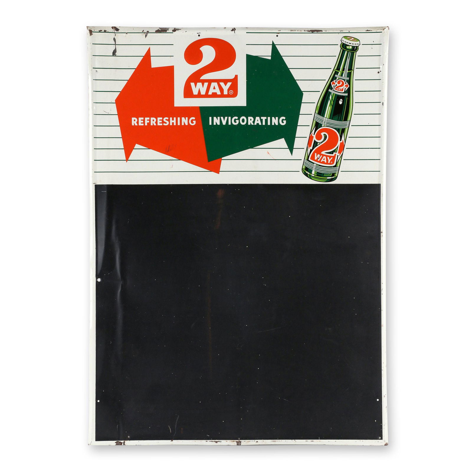 2-Way Soda Tin Litho Chalkboard: Canadian. Lithographed tin. Embossed text and graphics. 27.25" x 19.25". Vertical creases along left and upper edges. Minor surface loss to upper and lower edges. Free of restoration. Added mounting h