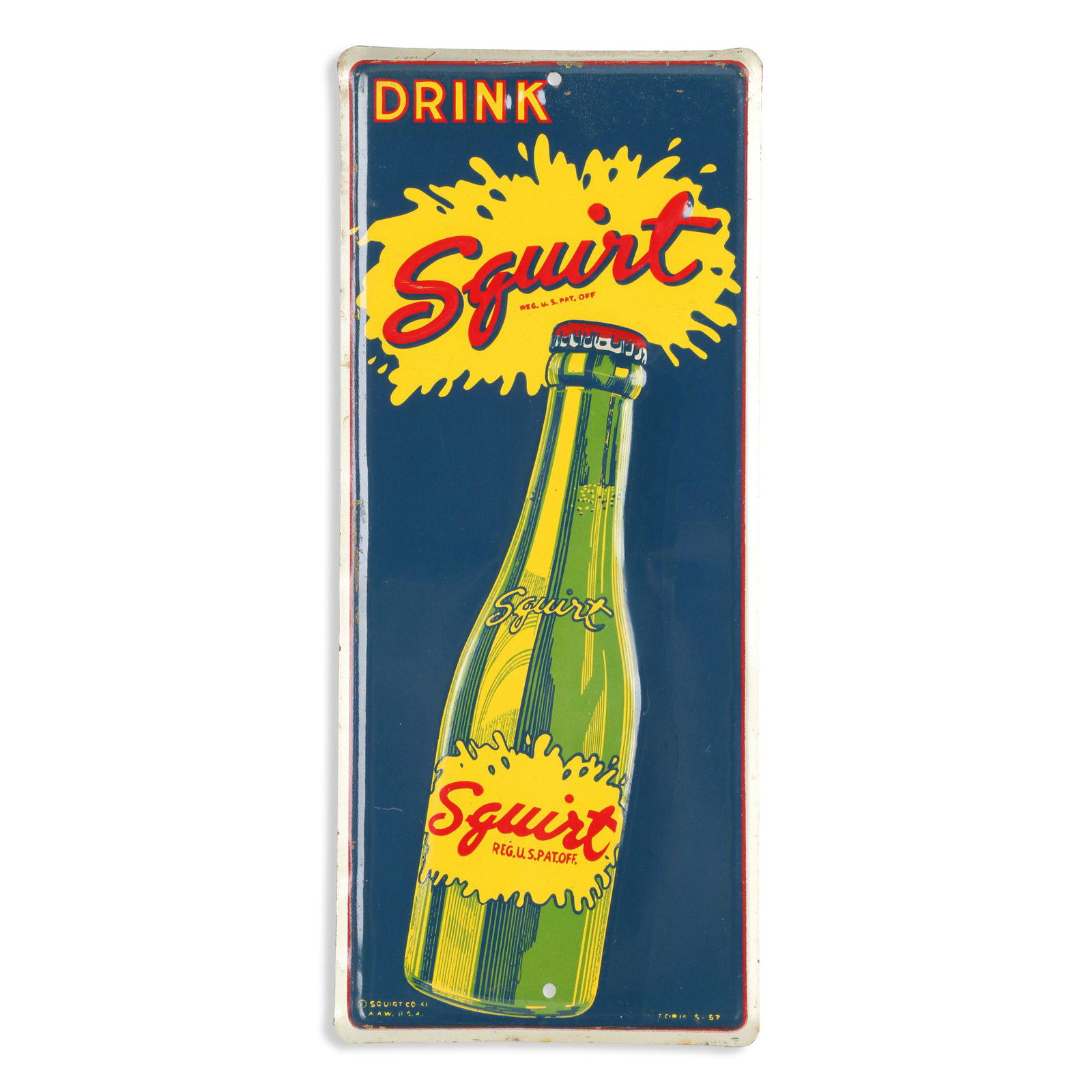 Squirt Tin Litho Door Push: American. Lithographed tin. Embossed text and graphics, raised outer edge. Marked, "Squirt Co. 41 A.A.W USA - Form 5-57" lower edge. 8.75" x 3.75". Very light central horizontal crease. Excellent colo