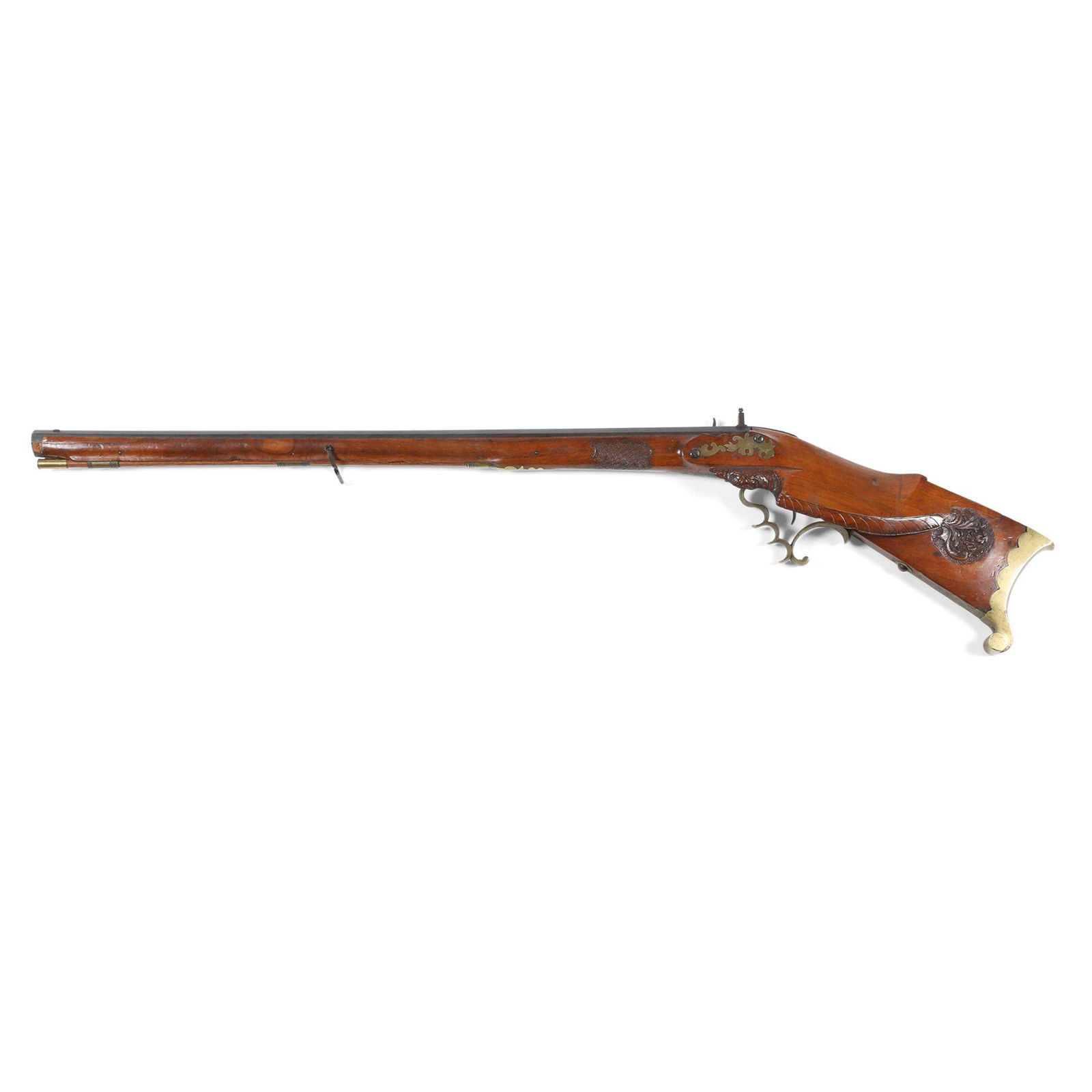 19th Century Scheutzen Rifle: German. 1850s-60s. Early target rifle. Muzzle loading, percussion cap. 45" long. Hairline cracks at areas in stock and forestock. Est. $200 - 300