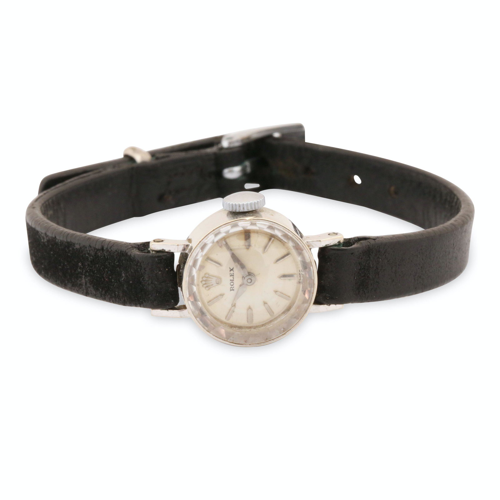 Rolex, 14K White Gold Cocktail Wristwatch: 14K Gold. Circa 1950s. Marked, "14K" caseback. Weight: 8.57g gross. 14.58mm case diameter. Band 7.5" (l). Offered without reserve. Est. $200-300. Note: All watches were functioning at time of catalogu