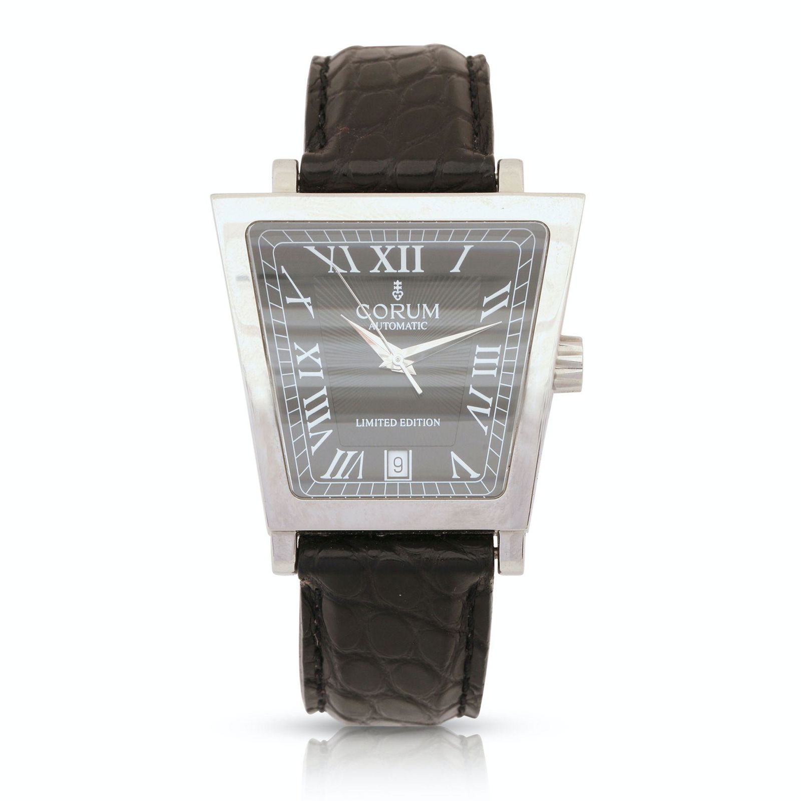 Corum, Trapeze Limited Edition Wristwatch: Stainless Steel. Includes original presentation box and papers. Box interior exhibits degradation. Weight: 91.85g gross. Case measures 36mm x 40mm x 10.39mm.. Offered without reserve. Est. $400-600. N
