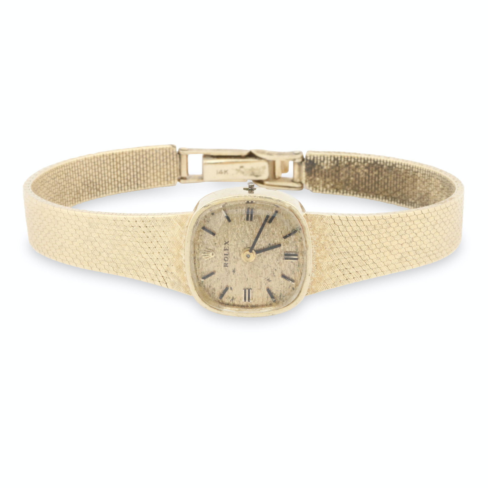 Rolex, Ladies 14K Cocktail Wristwatch: 14K Gold. Missing crown. Weight: 24.18g gross. 17mm case diameter. Offered without reserve. Est. $500-700. Note: All watches were functioning at time of cataloguing unless noted otherwise. They have n