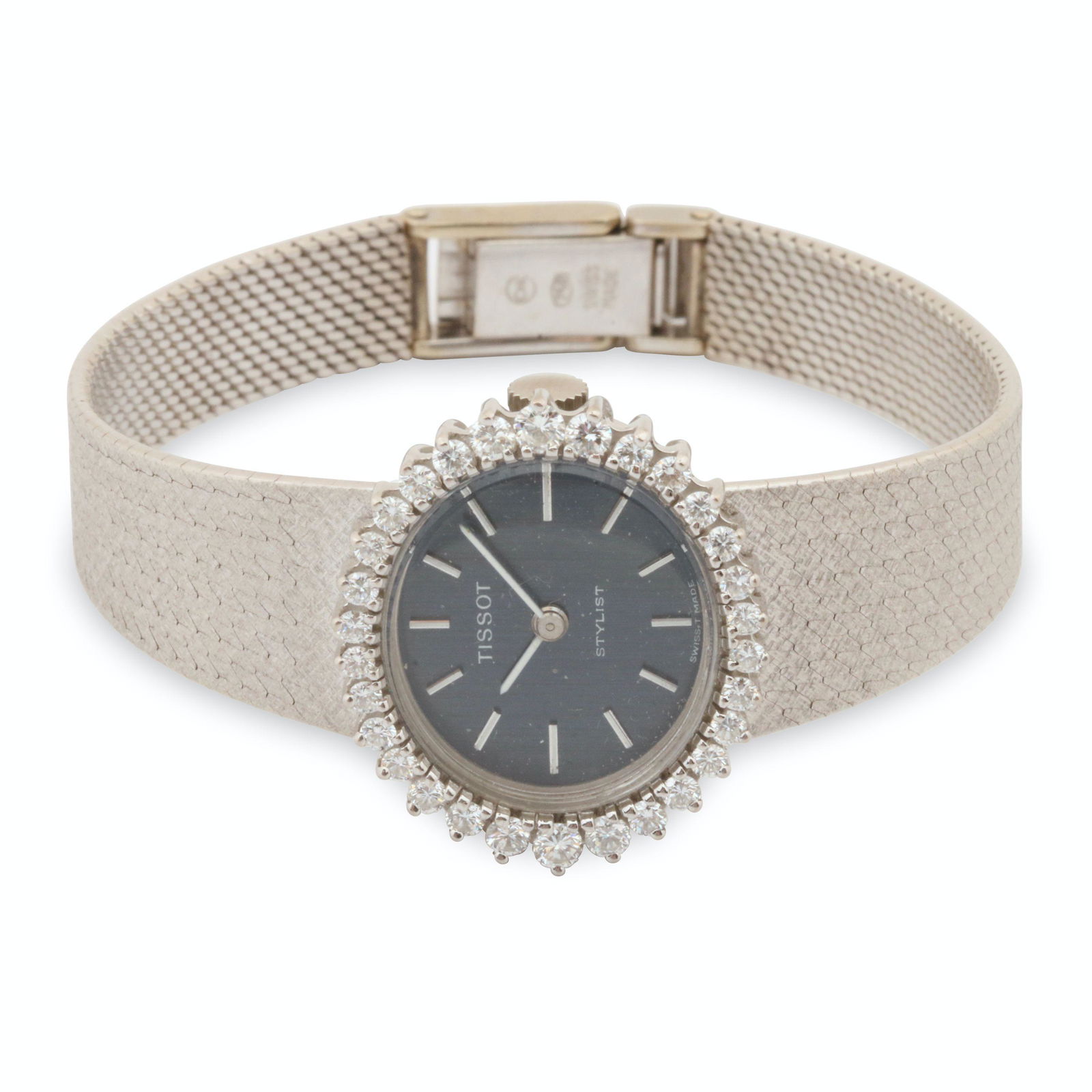Tissot, "Stylist" 18K Diamond Watch: 18K Gold. Marked, "Tissot Stylist" dial. Weight: 35.01g gross. Case measures 23 x 21mm. Offered without reserve. Est. $1700-2200. Note: All watches were functioning at time of cataloguing unless noted