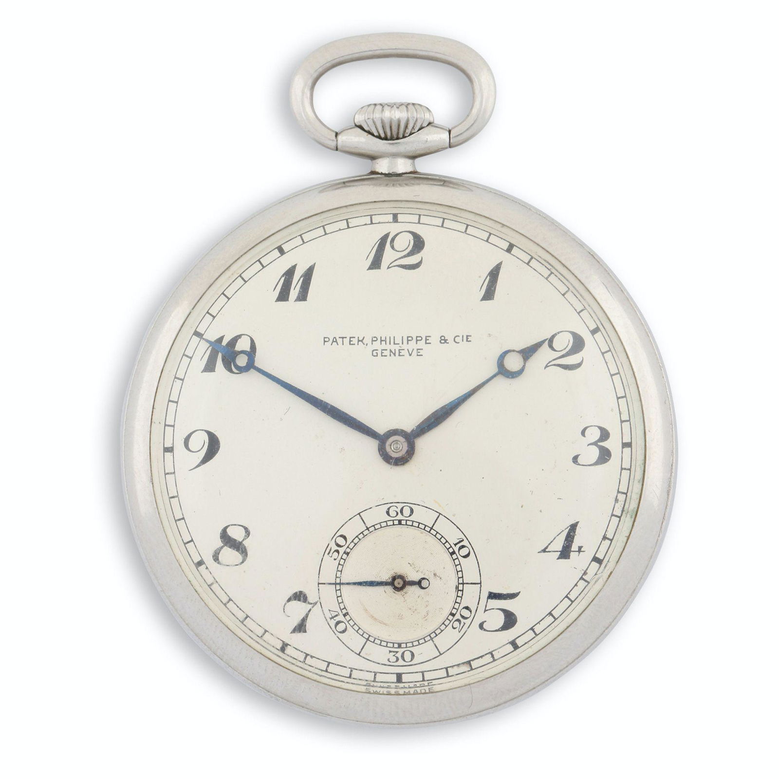 Patek Philippe & Co. Stainless Pocket Watch: Stainless Steel. Circa 1940. Stainless steel case. Signed on movement, dial and case. Currently not running. Requires mainspring repair to function. Very fine oxidation spots on dial. Weight: 57.51g g