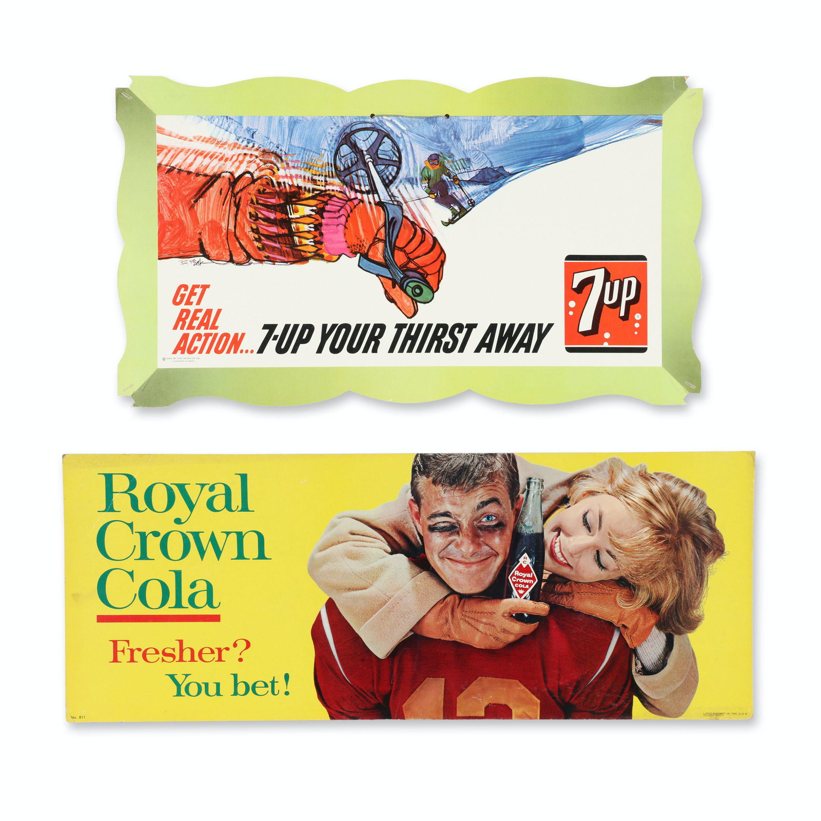7-Up & Royal Crown Cola Cardboard Posters: Two (2). 23" x 13" & 28" x 11". Canadian & American. Circa 1960s. 7-Up poster features unfolded pop-out frame. Two marked bottom left, "Copyright 1964 By The Seven-Up Co. Lithographed In Canada". Mark