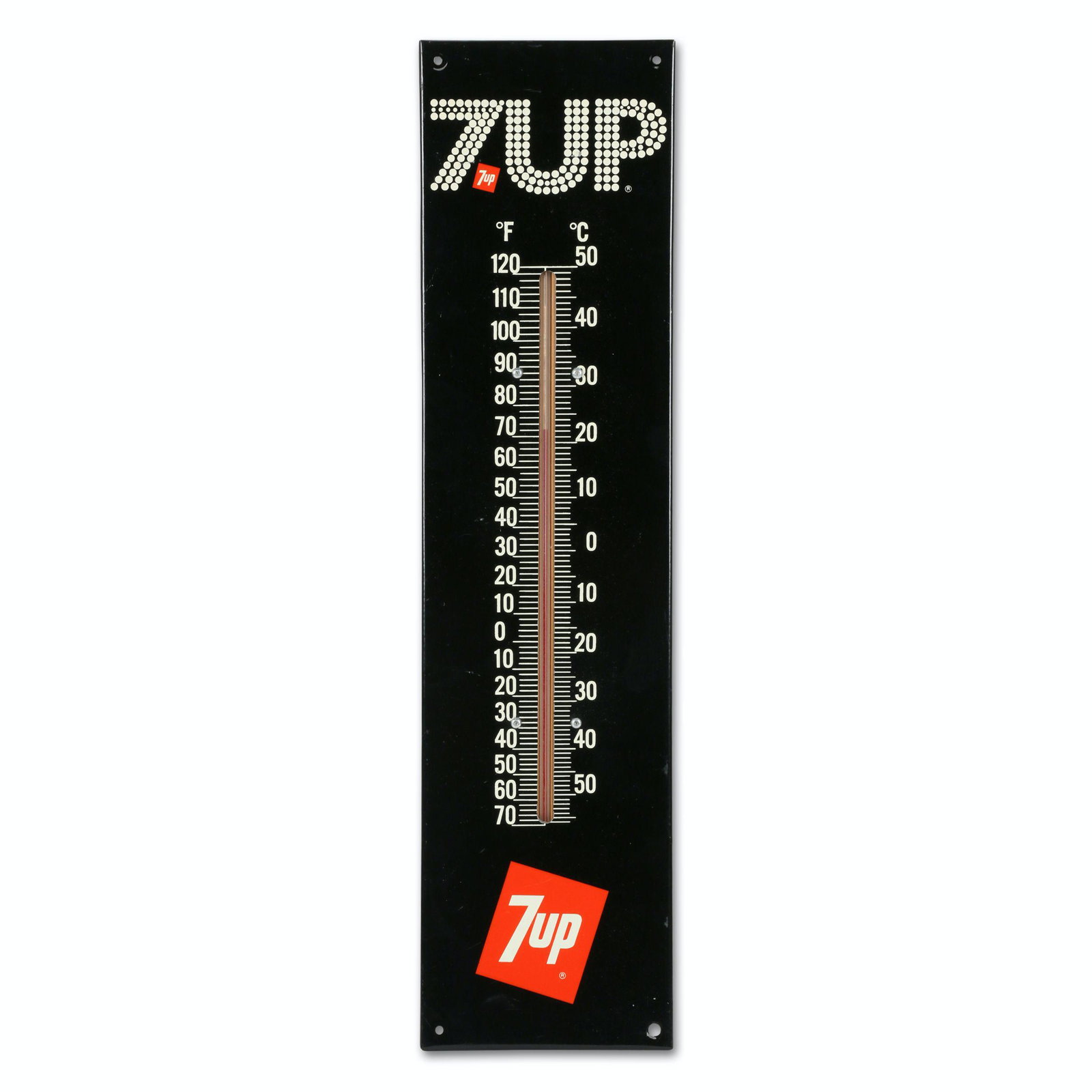 7-Up Tin Litho Thermometer: 5 x 20". American. Circa 1970s. Stamped, "Made in U.S.A." on back of wood thermometer.