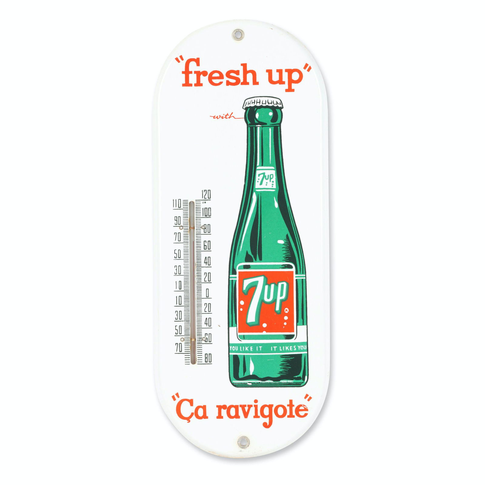 7-Up Porcelain Thermometer: 0.5" deep x 6" x 15". Canadian. Circa 1950s. French and English version. Exhibits minor oxidation along lower edge.