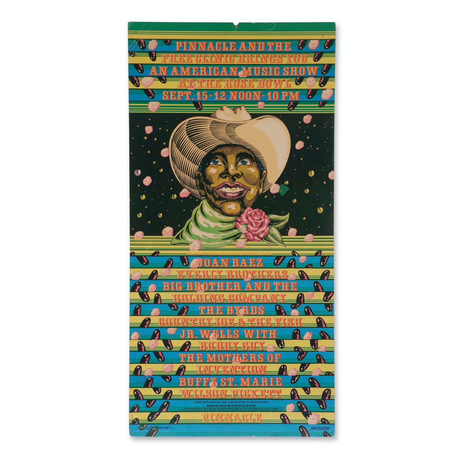 American Music Show Concert Poster (1968): 13" x 26". American Music Show Concert poster. (Pinnacle and The Free Clinic, 1968). Artwork by Bob Schneph and John Van Hamersveld Advertising performances by Joan Baez, Everly Brothers, Big Brother