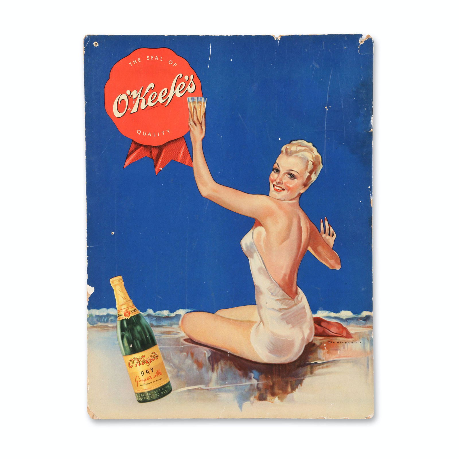 O'Keefe's Ginger Ale Cardboard Poster: 15" x 20". Canadian. Circa 1940s. Artwork by Ted McCormick, signed lower right quarter. Creases, water stains and edge wear. Smaller variation of this poster.