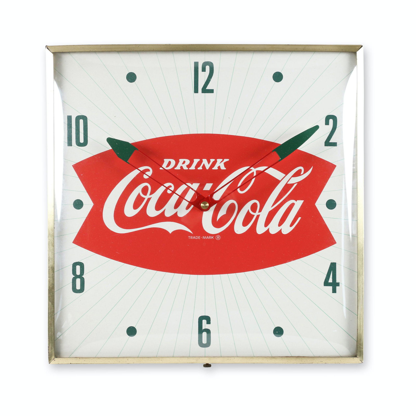 Coca-Cola PAM Fishtail Clock: 3" deep x 15.25" x 15.25". Canadian. Circa 1960s. "Pam Clock Co., Inc." label on reverse bottom left. Excellent. Functioning. Makes a sound. Not tested for time accuracy.