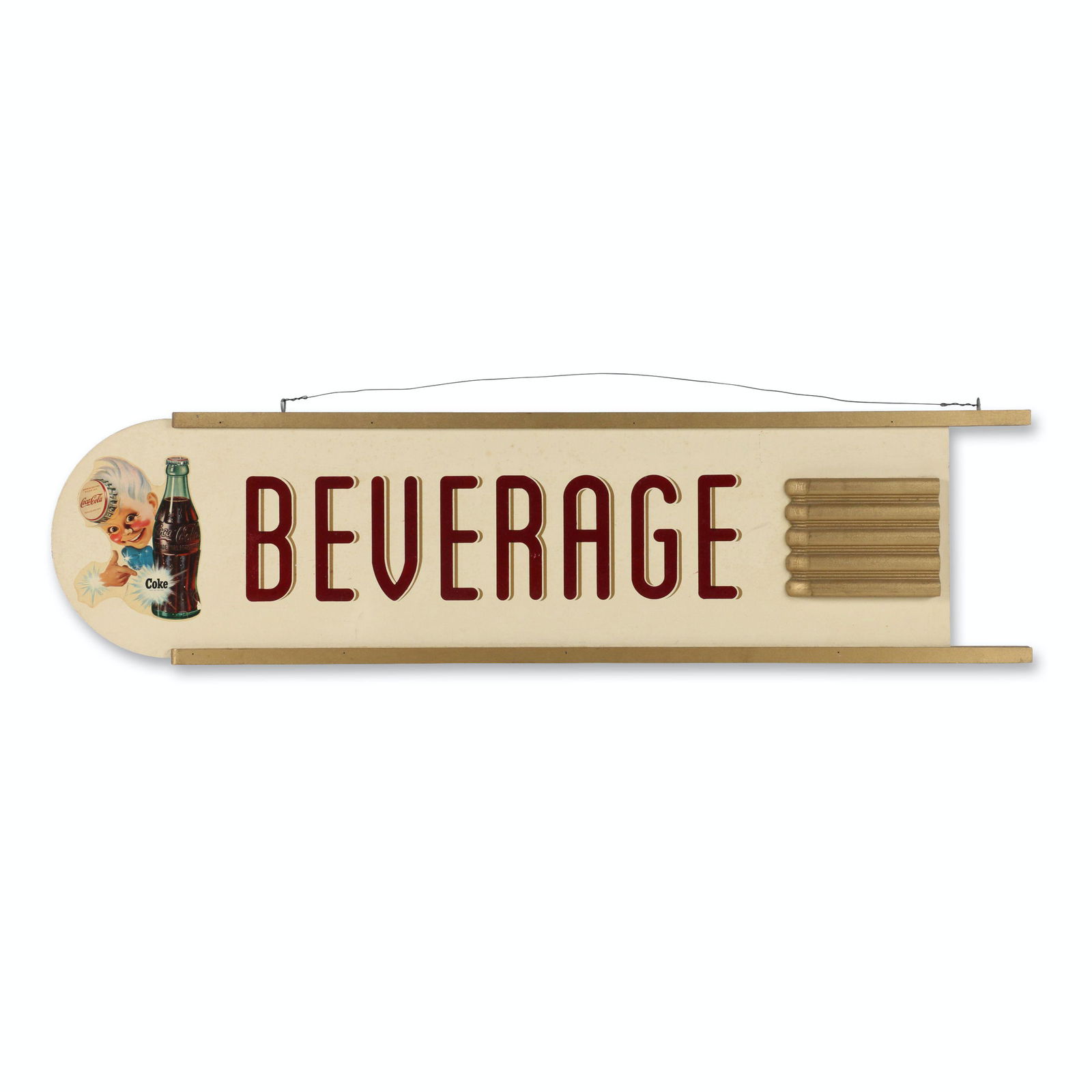 Kay Displays Coca-Cola Beverage Department Sign: 1.5 deep x 39" x 10". American. Circa 1940s. Masonite "KAY" sign with gold wood frame. Features graphic decals featuring the famous "sprite boy" logo.