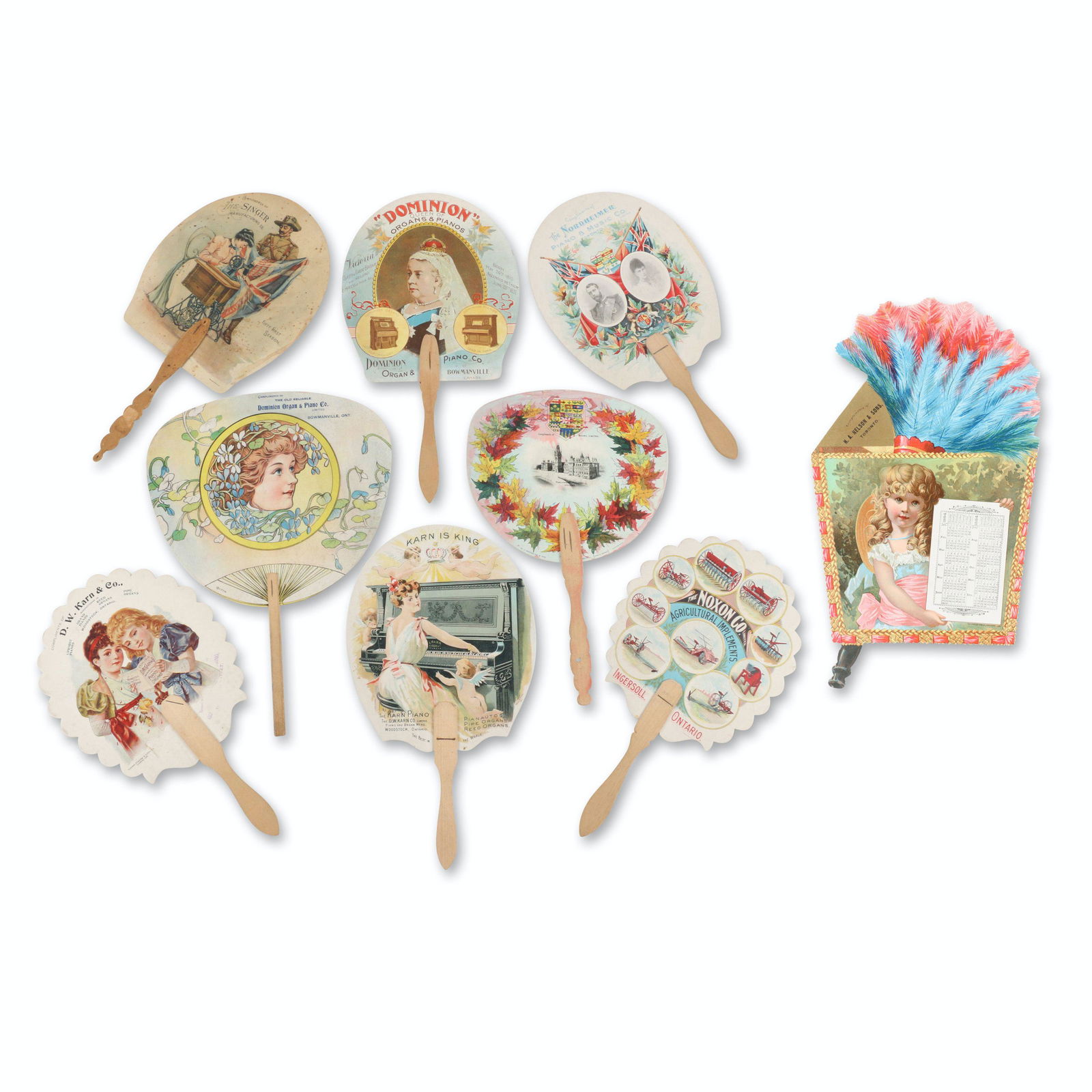 Canadian Die Cut Advertising Fans: Eight (8). Singer Sewing, Karn and Dominion Pianos and organs, Noxon Agricultural Implements, Nordheimer Piano & Music Co., Bovril and J.M Bufford's Sons. Each approximately 12" (l). Marked by various