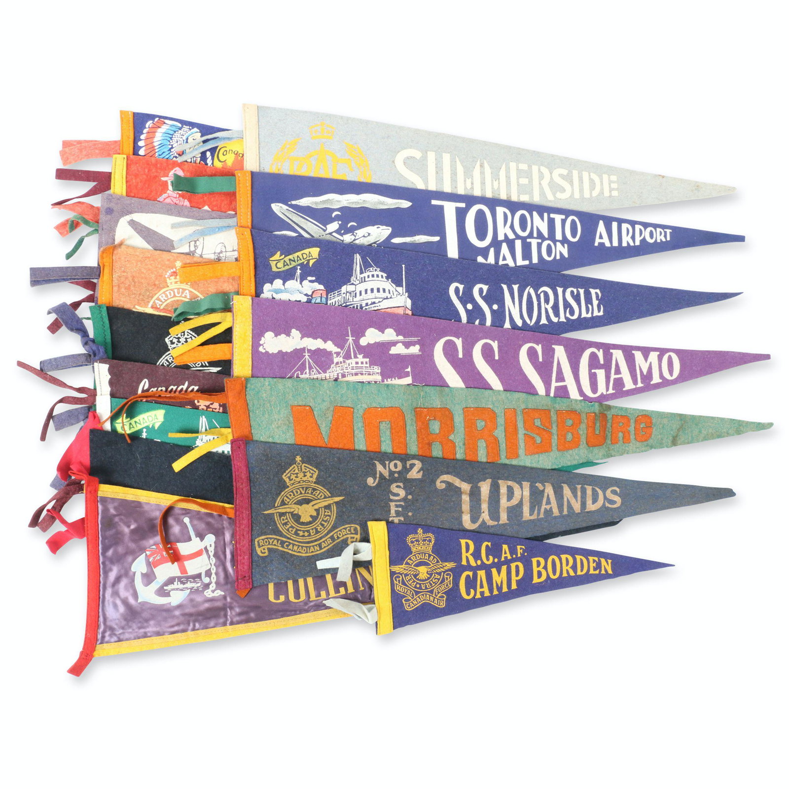 Canadian Military & Destination Pennants: Sixteen (16). Largest 21" x 6". Canadian. Circa 1940s-50s. Includes numerous naval and military-interest examples.