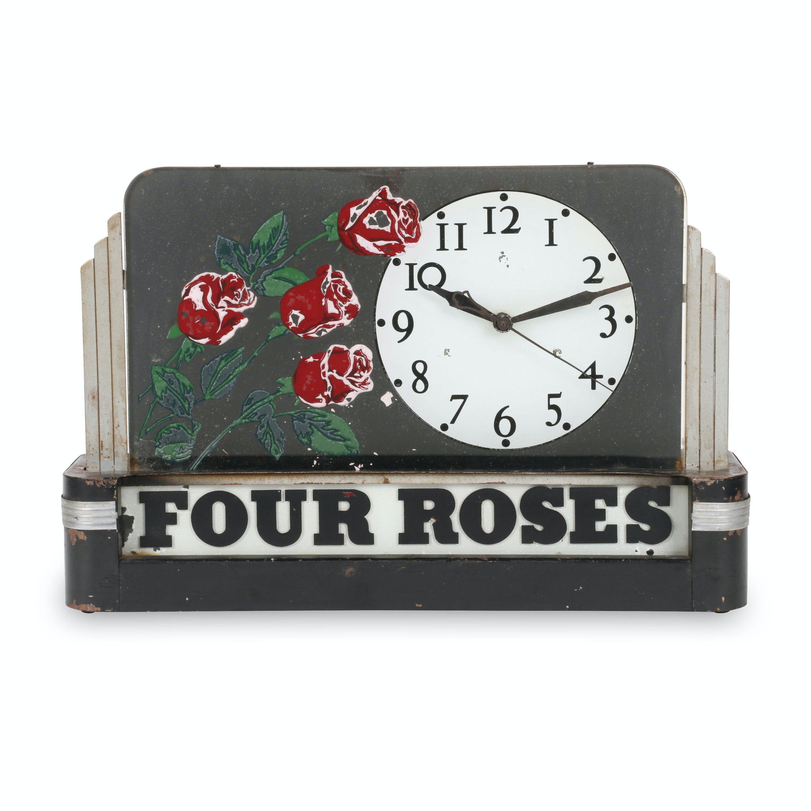 Art Deco Four Roses Whisky Lighted Clock: 4" deep x 18" x 12". Canadian. Circa 1940s. Decal on reverse reads "Crystal Mfg. Co.". Flaking from painted metal surface and reverse painted glass.
