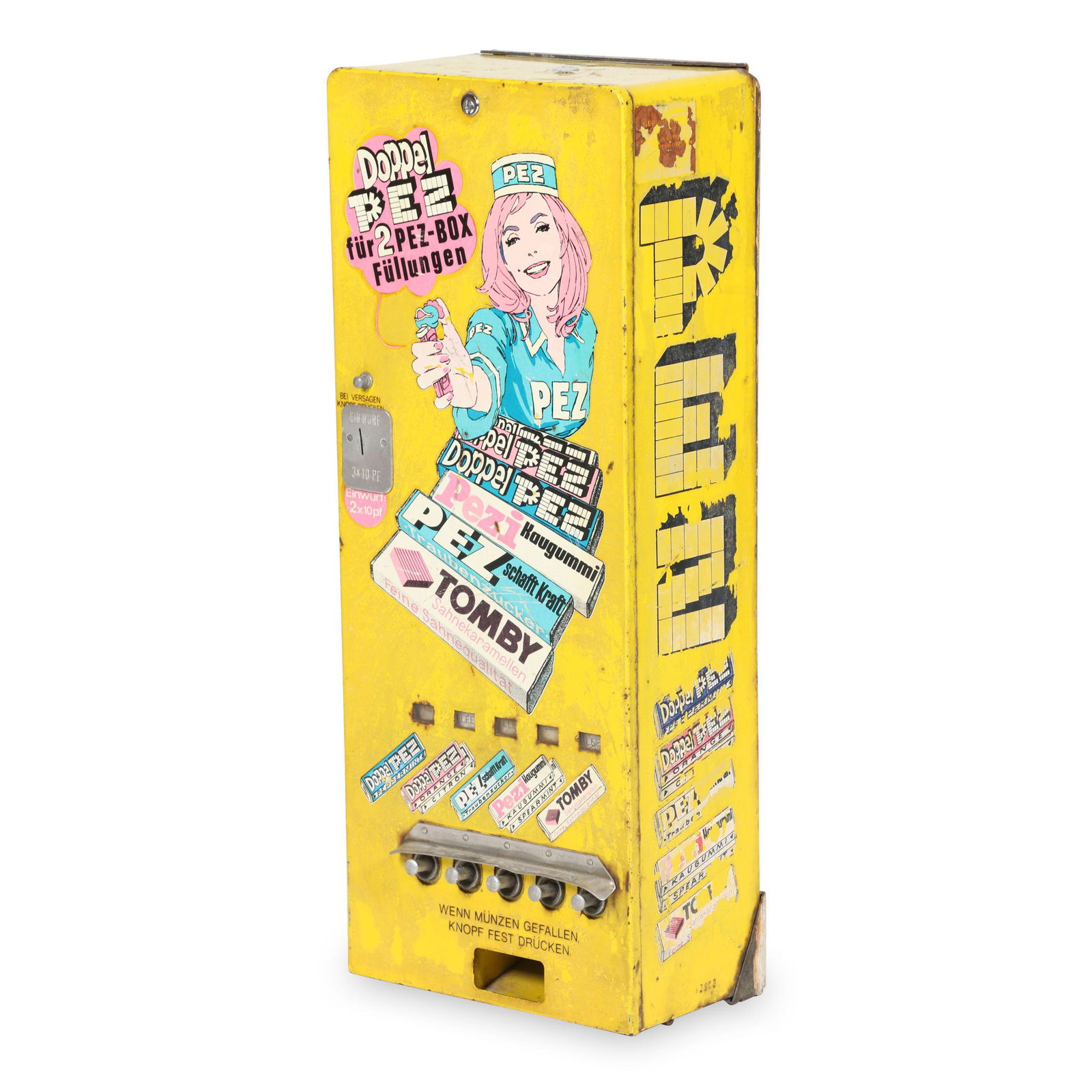 Austrian PEZ Candy Vending Machine: 30" x 12" x 7". Austrian. Circa 1950s-60s. Wall-mounted candy dispenser features decal graphics. Access key is broken in mechanism. Drop-front access. Surface exhibits discolouration and decal wear, e