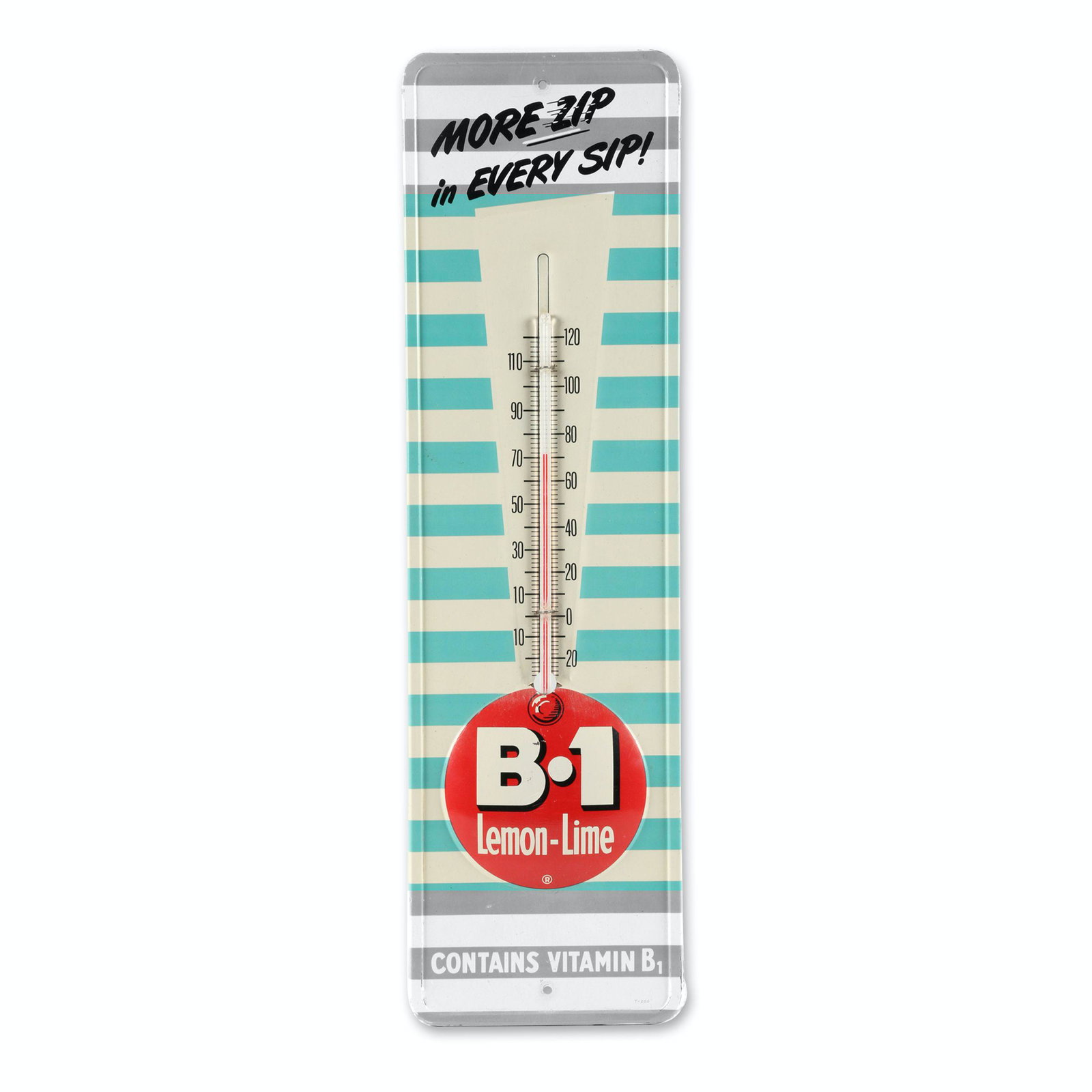 B-1 Lemon Lime Soda Thermometer: 4.5 x 16.25". American. Circa 1940s. Embossed, lithographed tin. Marked, "T-200" bottom right corner.