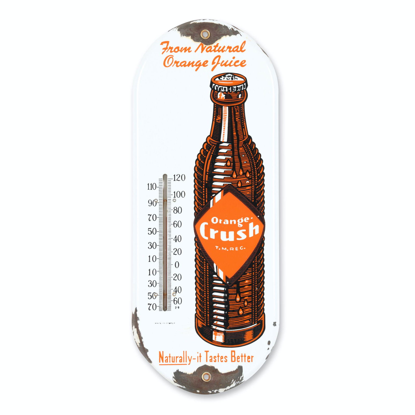 Orange Crush Porcelain Thermometer: 0.5" deep x 6" x 15". Canadian. Circa 1950s. Marked "Made in Canada" beneath thermometer tube. Features the iconic "krinkly brown bottle". Heavy porcelain loss at upper and lower edges, mostly surroun