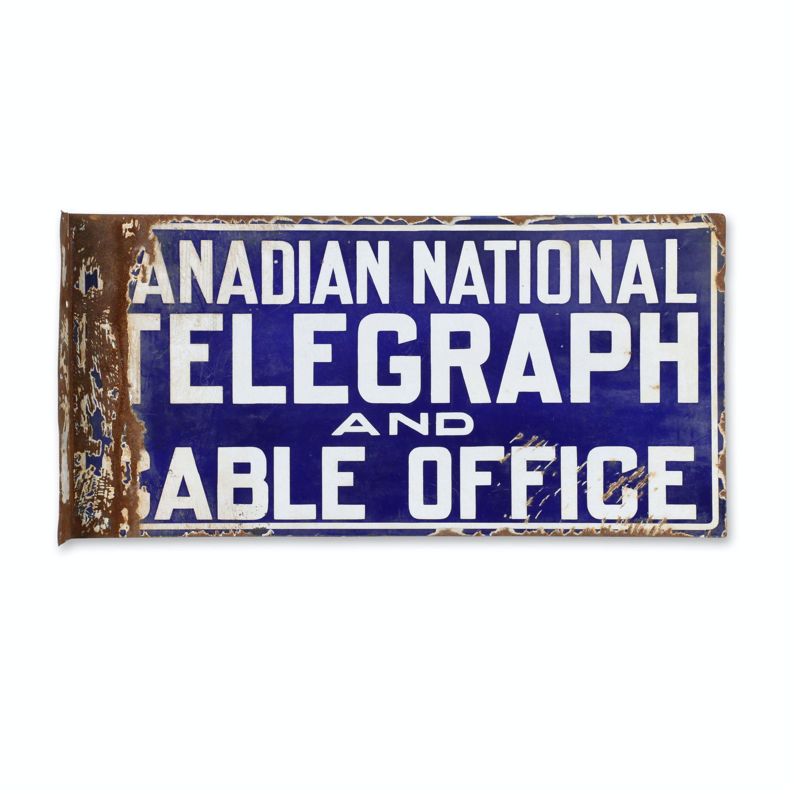 Canadian National Telegraph Flange Sign: 24 x 12". Canadian National Railway Telegraph and Cable Office. Cobalt and ivory porcelain. Porcelain loss most severe to edge near the mounting flange.