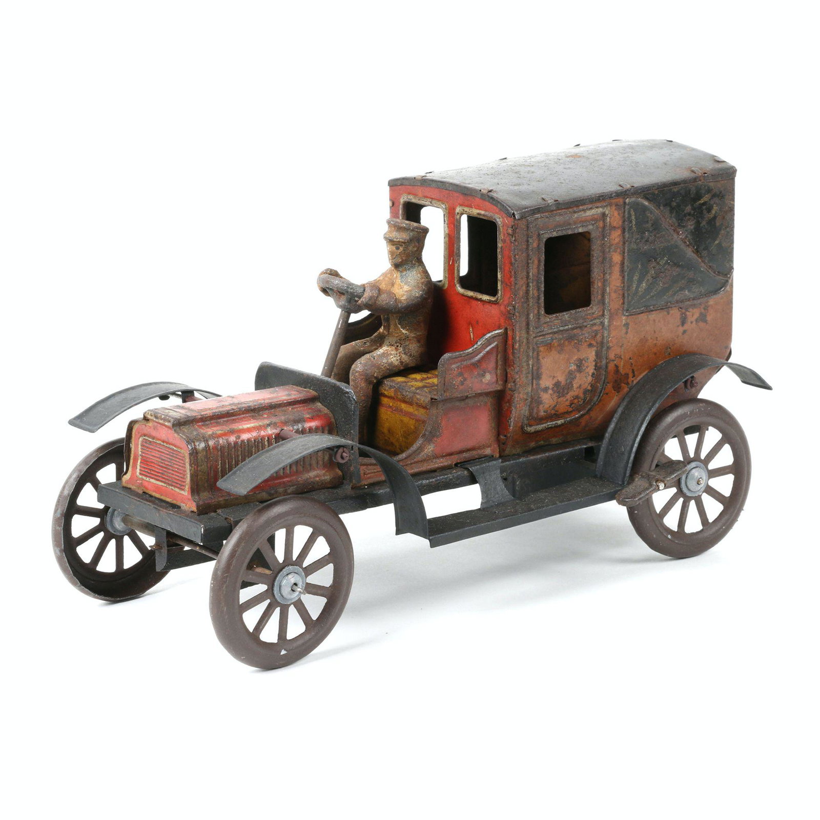 Carette Tin Litho Toy Taxi: German. 9" x 4" x 5". Functioning. Cast iron driver. Surface exhibits light to moderate paint fade, oxidation. Shallow impressions to rear and roof.