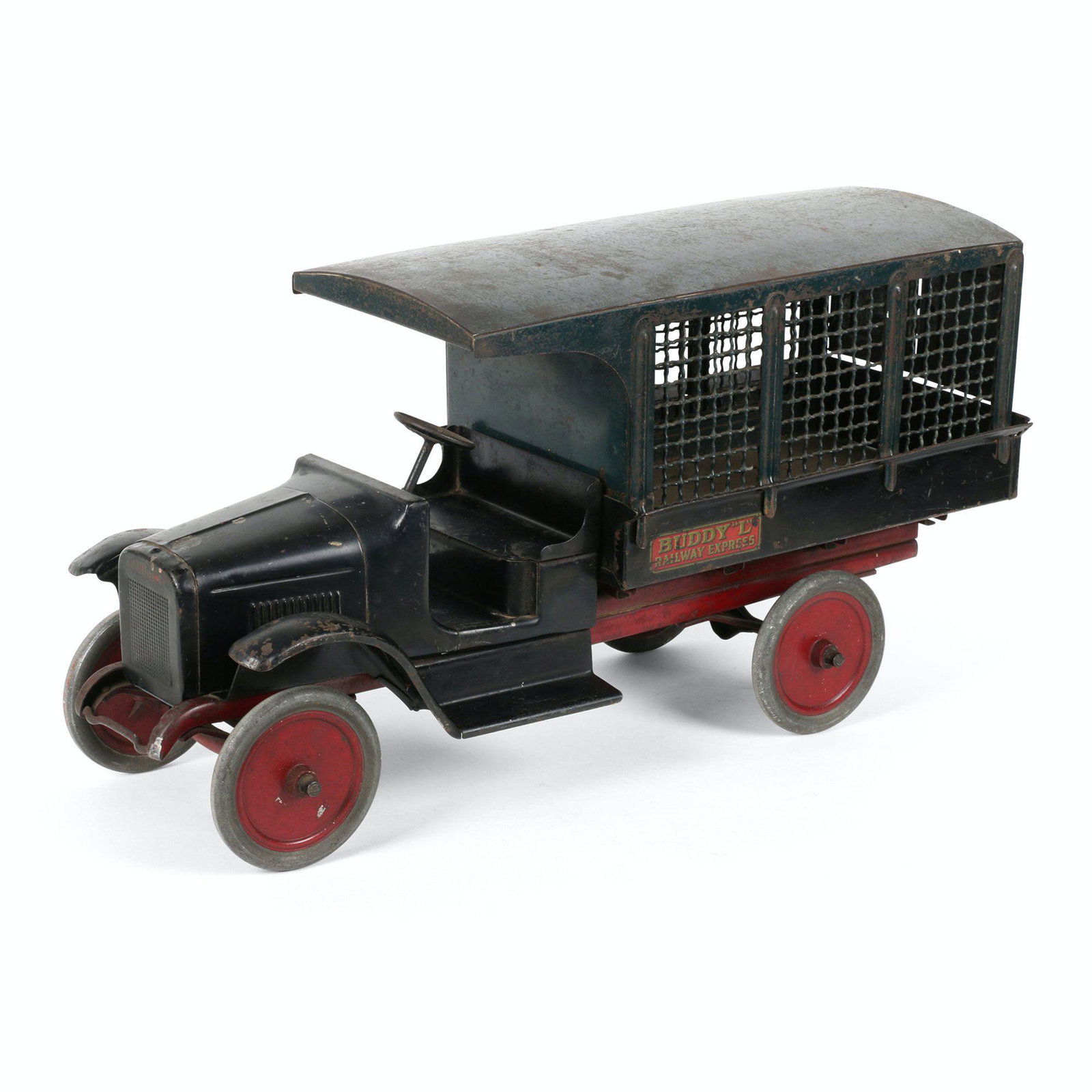 Buddy L Pressed Steel Railway Express Toy: 25" x 7.5" 12.5". American. Circa 1930s. Decalled, "Buddy L Railway Express" sides and "Buddy L" on radiator. Operational tailgate, rear doors and steering. Original paint and decals exhibit minor to 