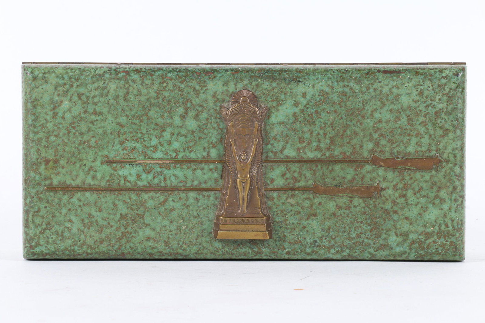 Thompson Trophy Air Races Bronze Desk Box: 9" x 4" x 2". American. Circa 1930s. Art Deco. Named for Thompson Products, Cleveland air races. Tagged, "By Allen Cleveland Metal Specialties Co." underside. Patinated solid bronze exterior with rose