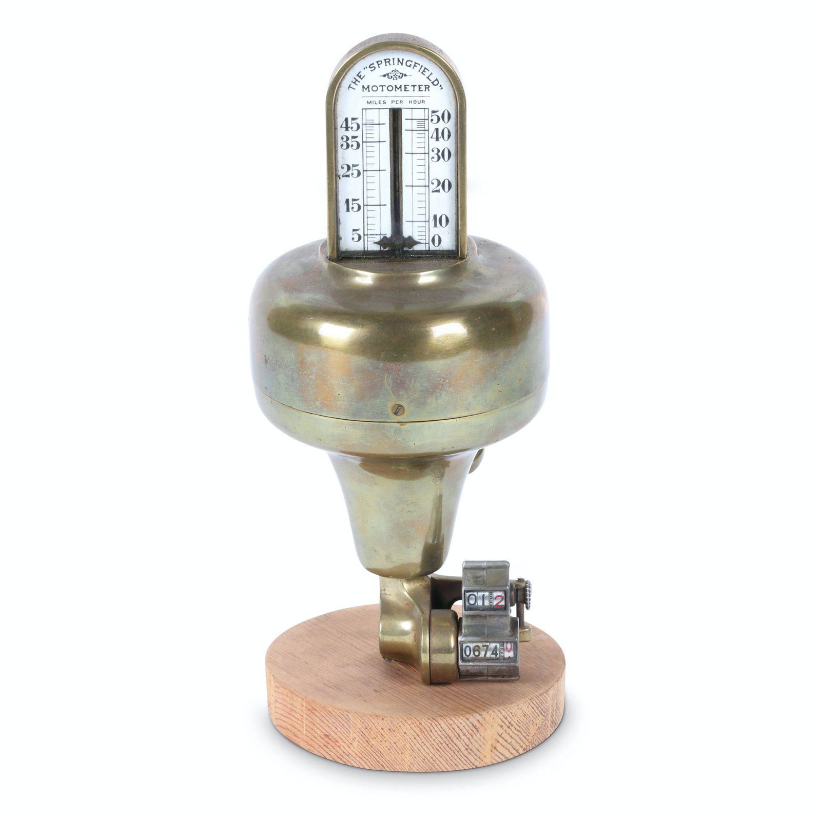 Brass-Era Springfield Motometer Speedometer: 8.75" x 4" x 4". American. Circa 1907. Brass stamped, "J.E Parrish & R.H Smith's Pat Oct 10 1905, Pat'd in Canada, England & Europe, Other Patents Pending - The R.H Smith Mfg Co. Makers Springfield, M