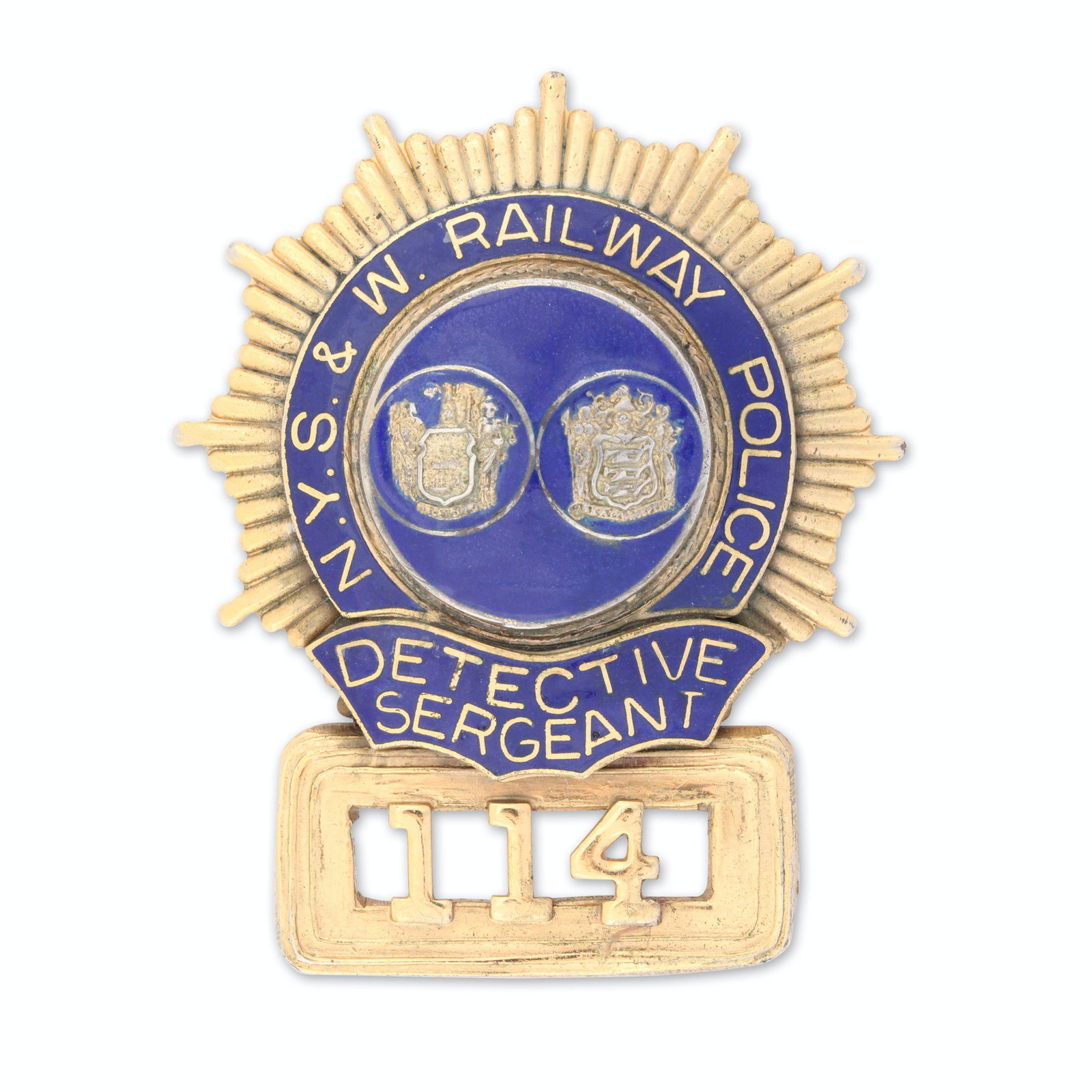 N.Y.S. & W. Railway Police Badge: 2.75" x 2.25". Brass with cobalt enamel. New York, Susquehanna & Western Railway Police Detective Sergeant Badge.
