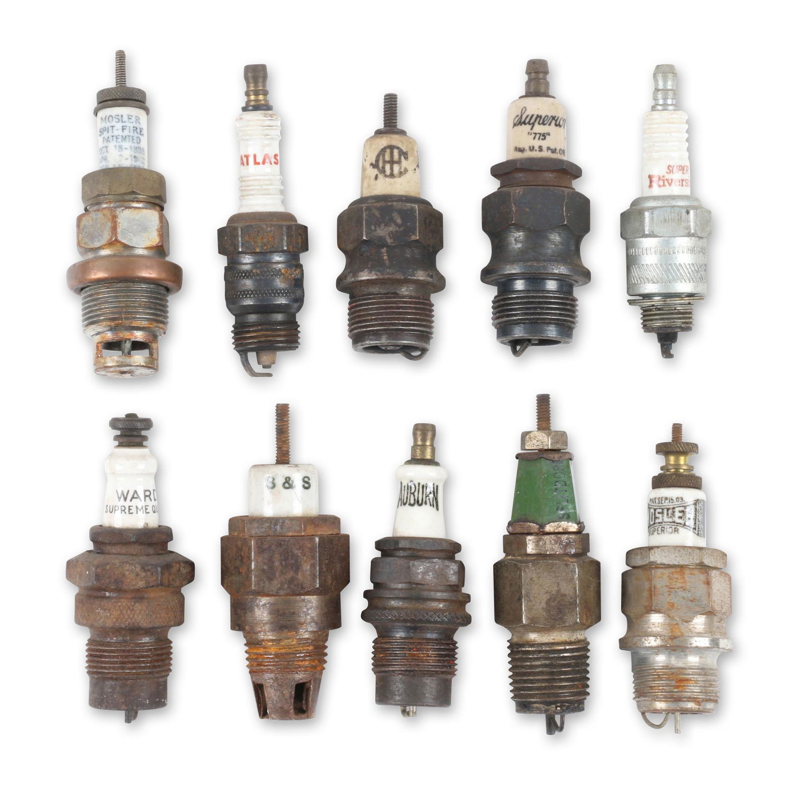Early Automobile Spark Plugs: Ten (10). Marked, Ward's Supreme Quality, Mosler Split-Fire Patented, Mosler Superior, Splitdorf, S&S, Bethlehem IHC (International Harvester Company), Auburn BR-4 Hot, Super Riverside, Atlas, Superio