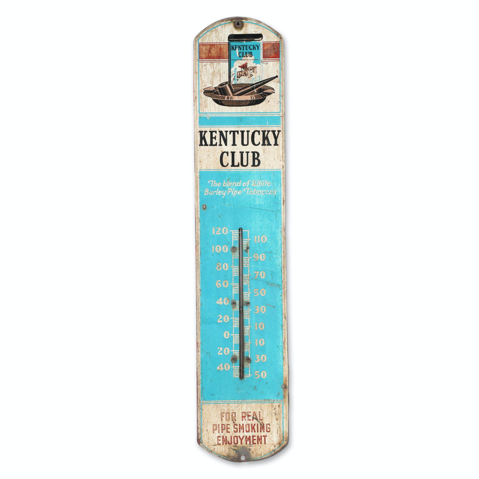 Kentucky Club Tobacco Metal Thermometer: 0.5" deep x 8" x 39". American. Circa 1950. Features tin with pipe. Severe oxidation with generalized scratching and fade. Retains original thermometer.