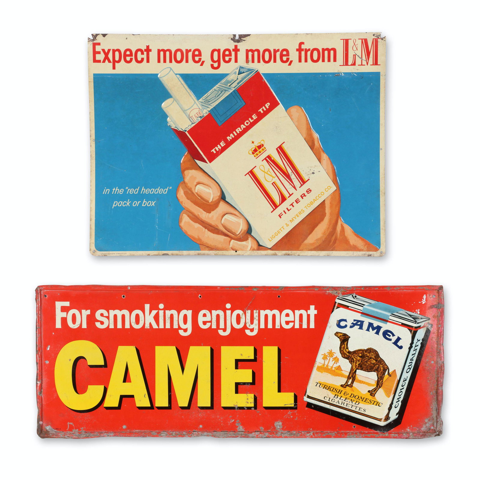 Camel & L&M Cigarettes Tin Litho Signs: Two (2). 32" x 12.25" & 23.5" x 17.75". American. Circa 1950s. Marked, "No. 984-C", bottom left corner and "Liggett & Myers Tobacco Co.", bottom right corner "Litho in U.S.A.". Each exhibits moderate 