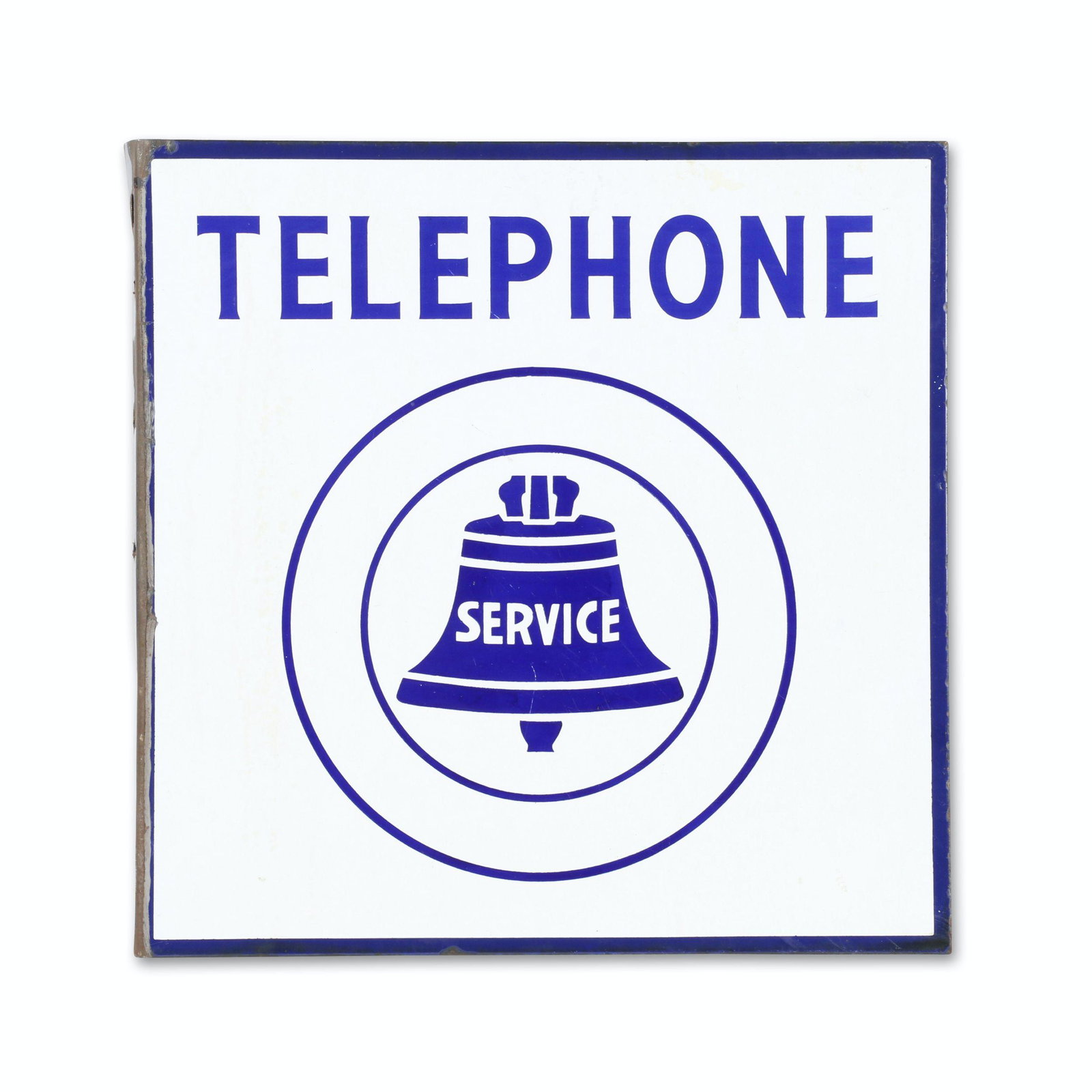 Bell Telephone Porcelain Flange Sign: 19 x 18". Some porcelain loss to edges and at mounting flange.