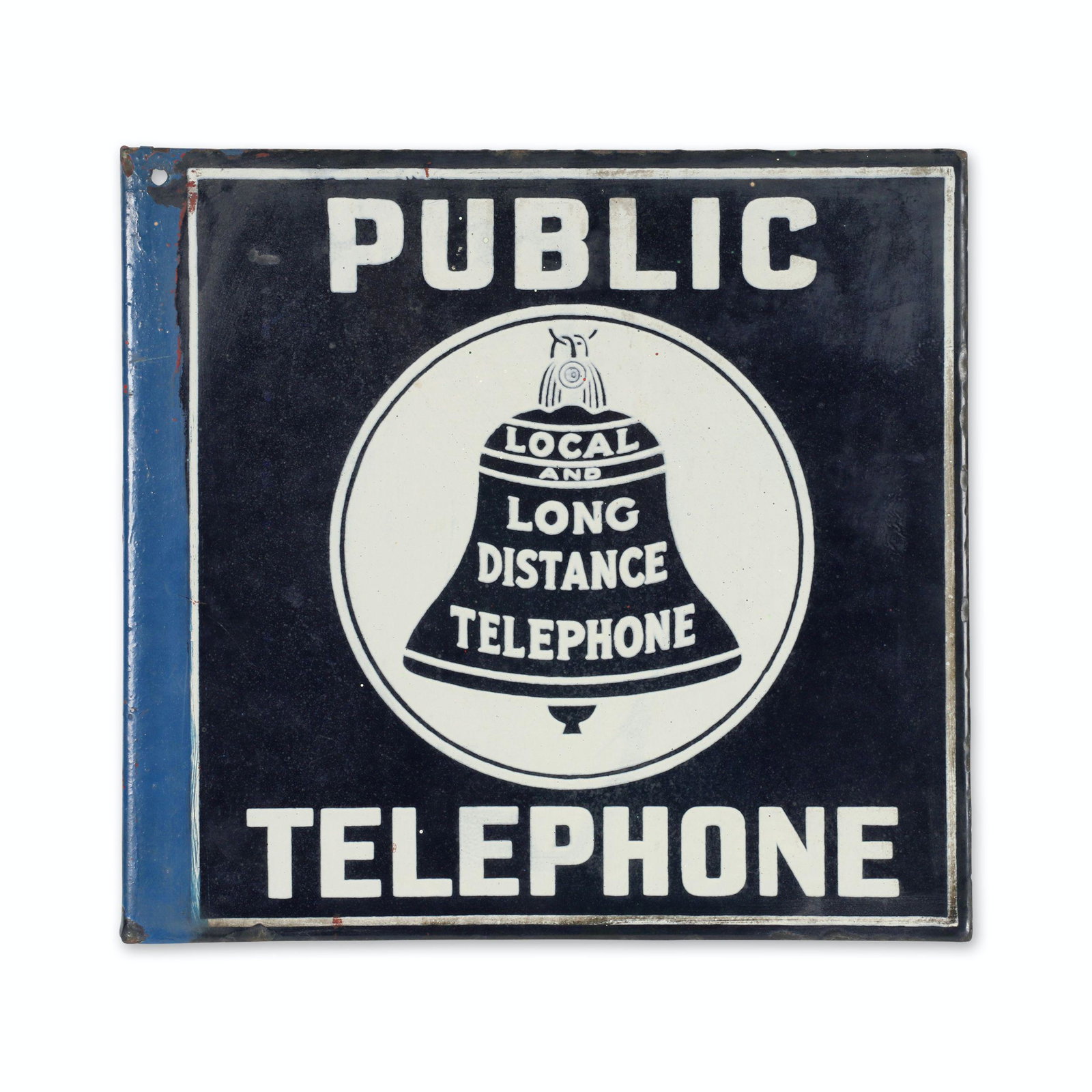 Bell Telephone Porcelain Flange Sign: 12.25" x 11.25". Outside edge of flange has blue touch up that extends to the white border. Chalkiness, fading, and porcelain loss at edges.