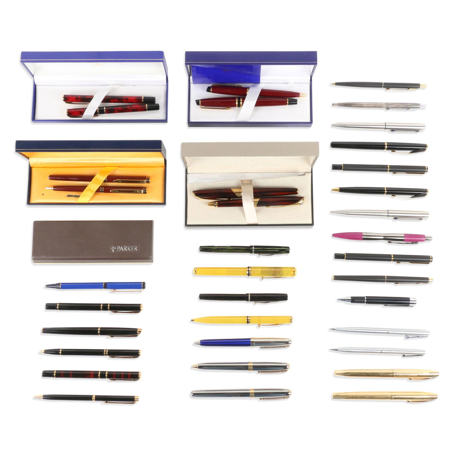 Waterman, Shaeffer, Parker Pens & Pencils: Thirty-six (36). Contains ballpoint pens, fountain pens and mechanical pencils. Five original boxes. Twelve (12) Watermans, Eleven (11) Sheaffer's, Thirteen (13) Parkers.