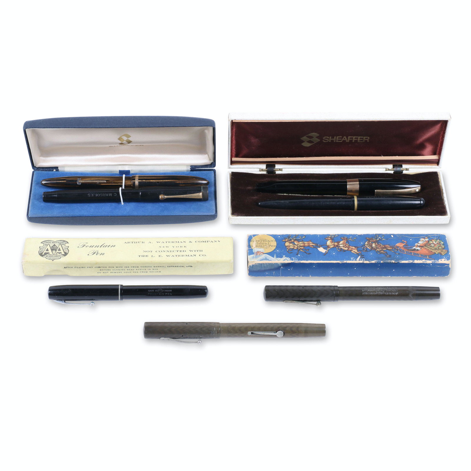 Waterman, Sheaffer, Parker Fountain Pens: Five (5). 6.25" to 7 (l). Parker, Waterman('s), Sheaffer's. Dried ink sacs, untested.