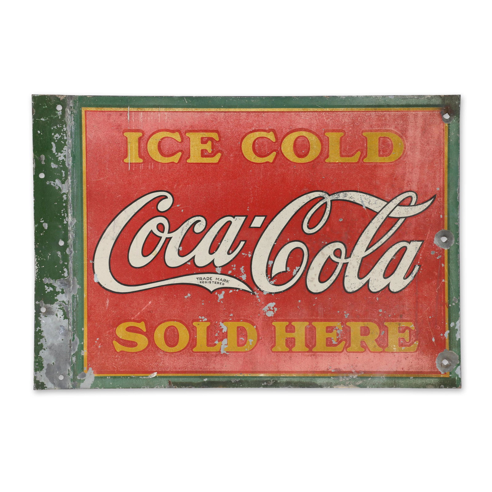 Coca-Cola Flange Sign: Canadian. 1930s. 17.5 x 12". 2-sided lithographed heavy metal. Just discovered hidden behind walls during a Hamilton, Ontario garage demolition. Exhibits surface loss to one side and nearly complete s