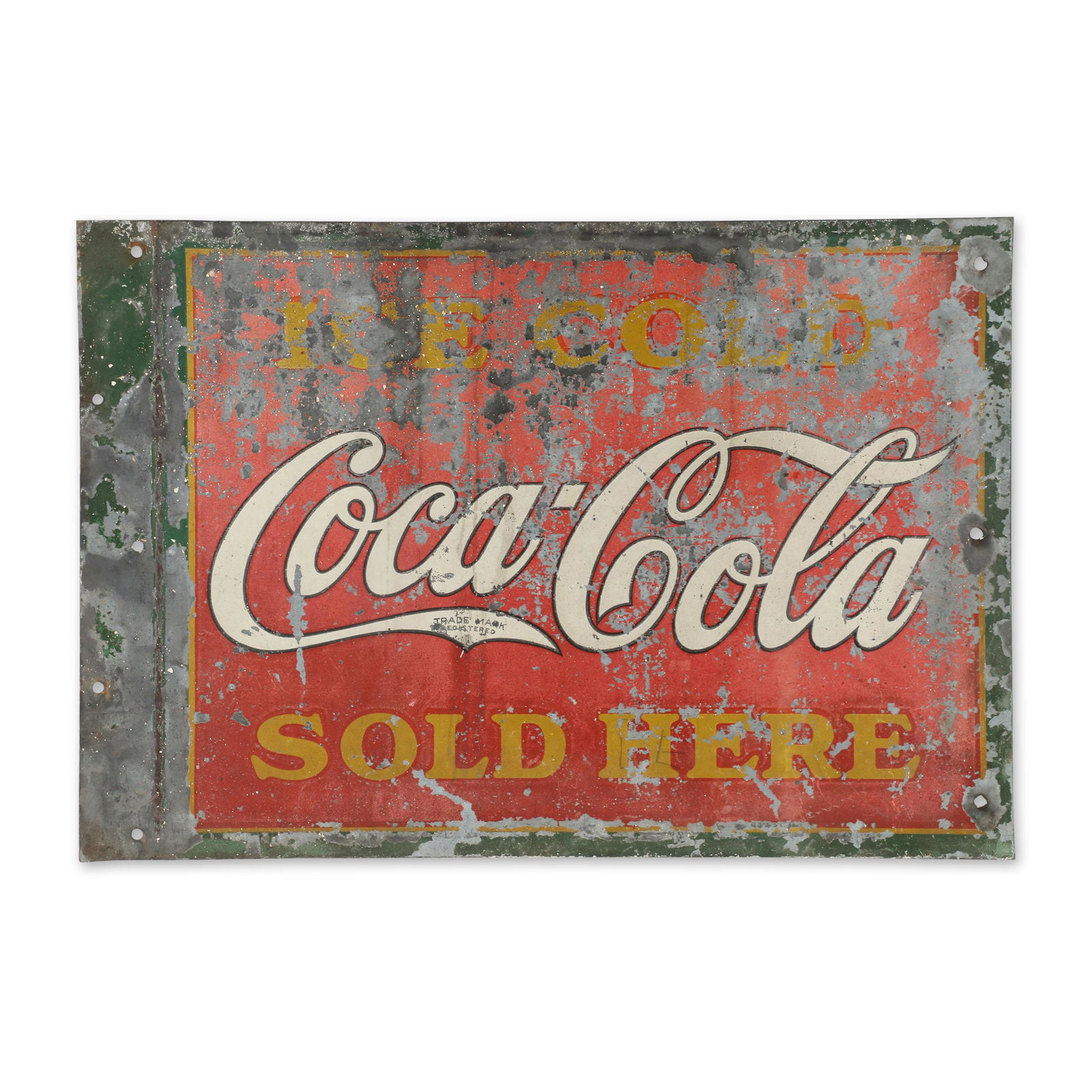 Coca-Cola Flange Sign: Canadian. 1930s. 17.5 x 12". 2-sided lithographed heavy metal. Just discovered hidden behind walls during a Hamilton, Ontario garage demolition. Each side exhibits moderate surface loss. Nail perforat