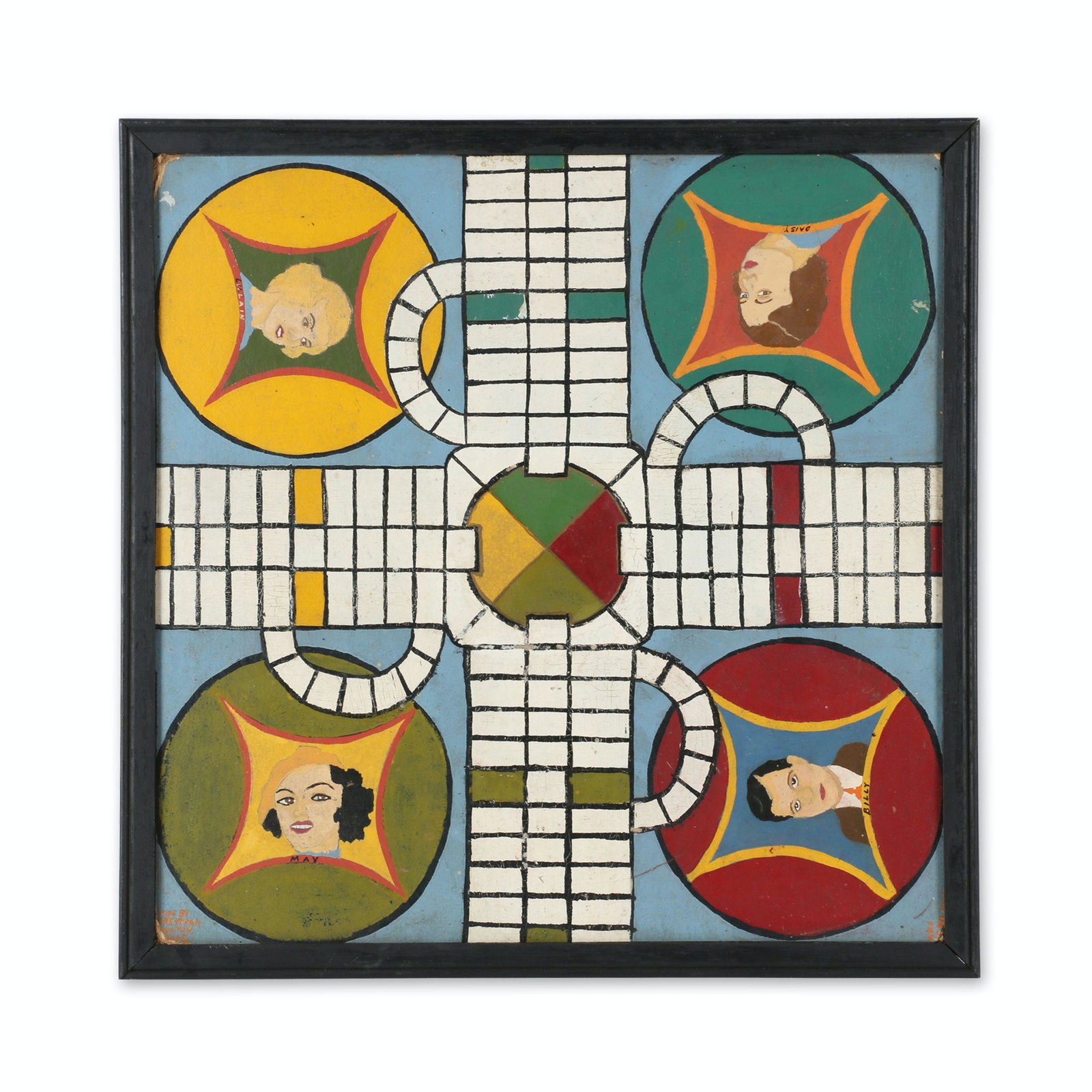 Folk Art Parcheesi & Checker Game Board: American. 1935. Wood. Original painted surface with four portraits adorning the Parcheesi side: "Billy, Mae, Lillain and Daisy". Checker side with a geometric border. Signed "Made by T V Keithan, Taun