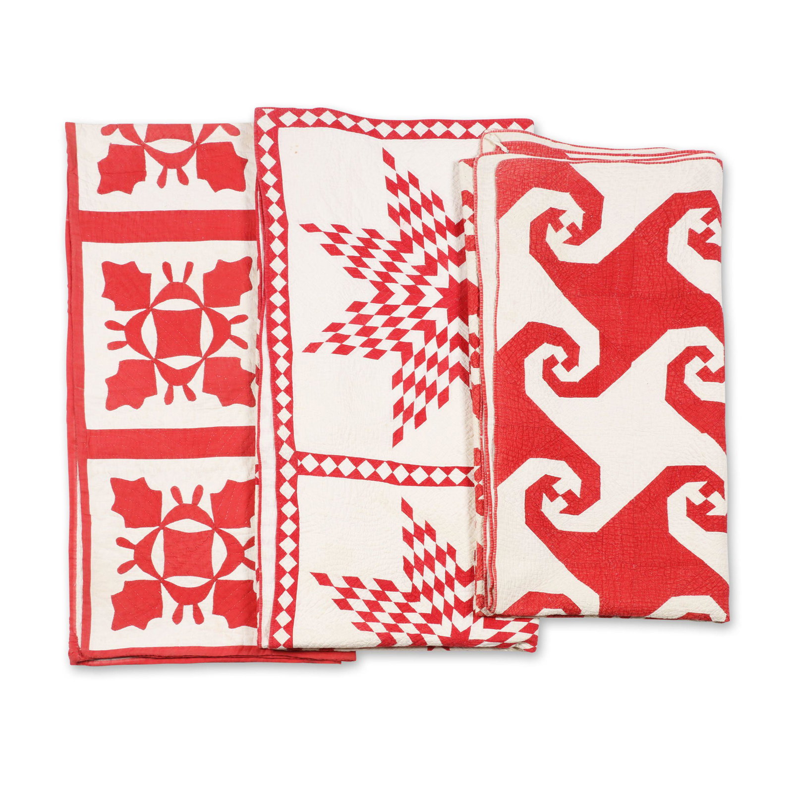 Red & White Patchwork Quilts: Three (3) patchwork quilts. Late 19th century. Comprising a "Star of Bethlehem" pieced quilt, a "Rob Peter to pay Paul money" wrench-pieced quilt and an oak leaf and reel applique quilt. Largest 78" x