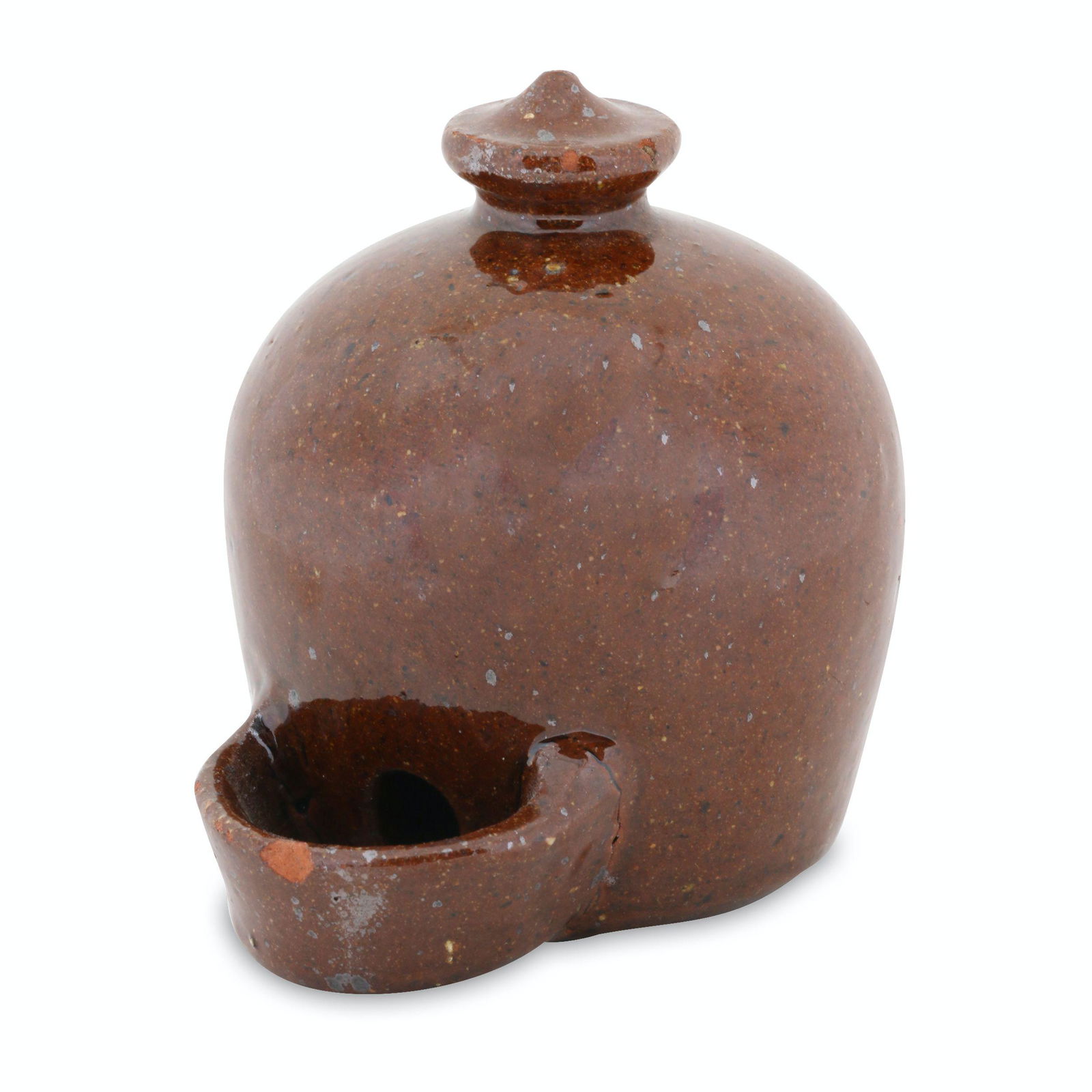 Ontario Redware Miniature Water Feeder: Canadian. Earthenware. 3.5" x 3" x 2.5". Noted, ON COLL". Edge chip to upper edge of water retaining dish. Minor fleanites to finial. John Wine Collection. $200/300.